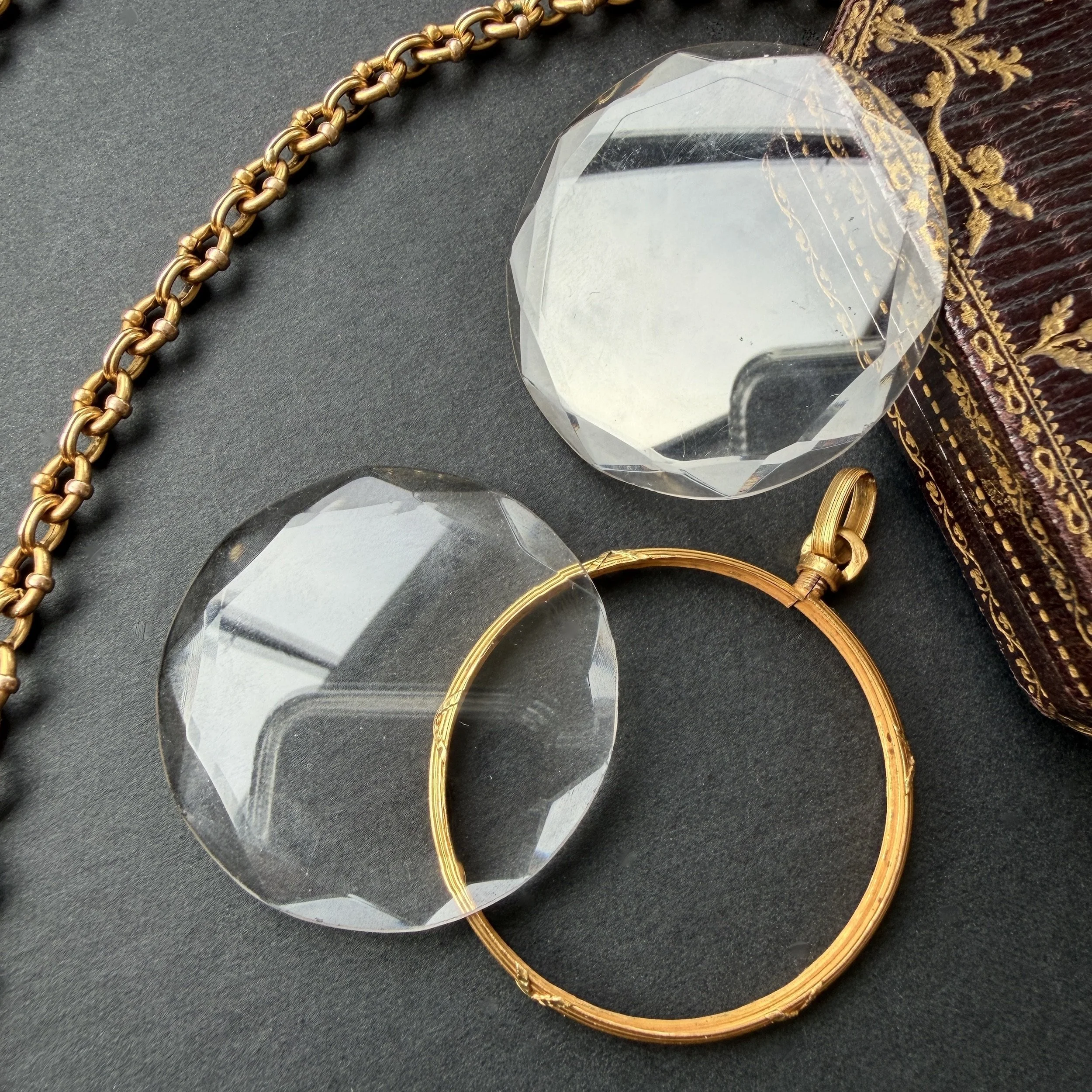 Antique French XL Gold and Faceted Glass Round Locket -- Disassembled