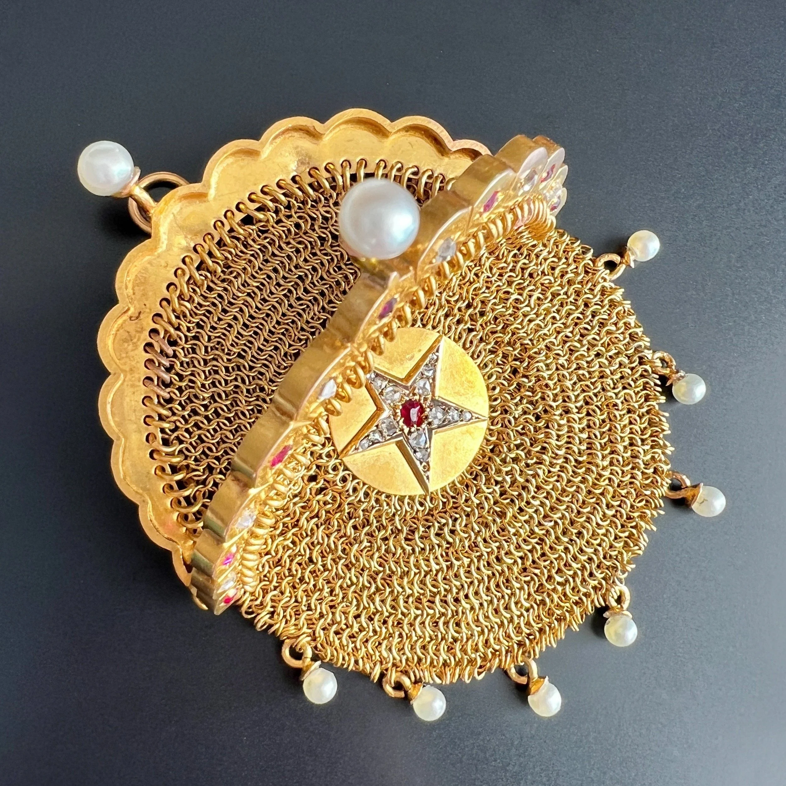 Antique French Gold Mesh Purse Pendant with Ruby and Diamond Star, Pearl Accents -- Open.jpeg