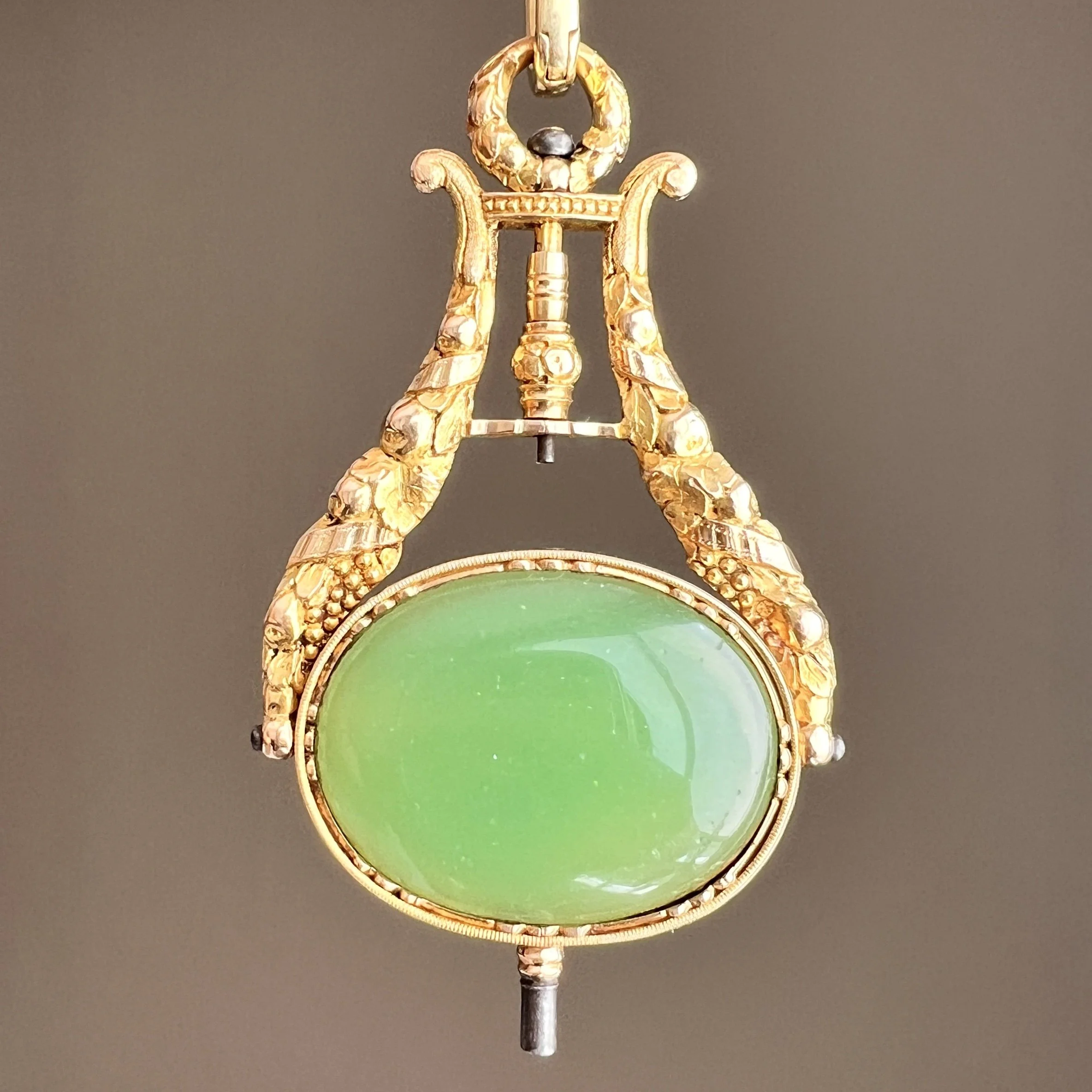Antique French Gold Reversible Cornucopia Watch Key Pendant with Chalcedony and Green Paste