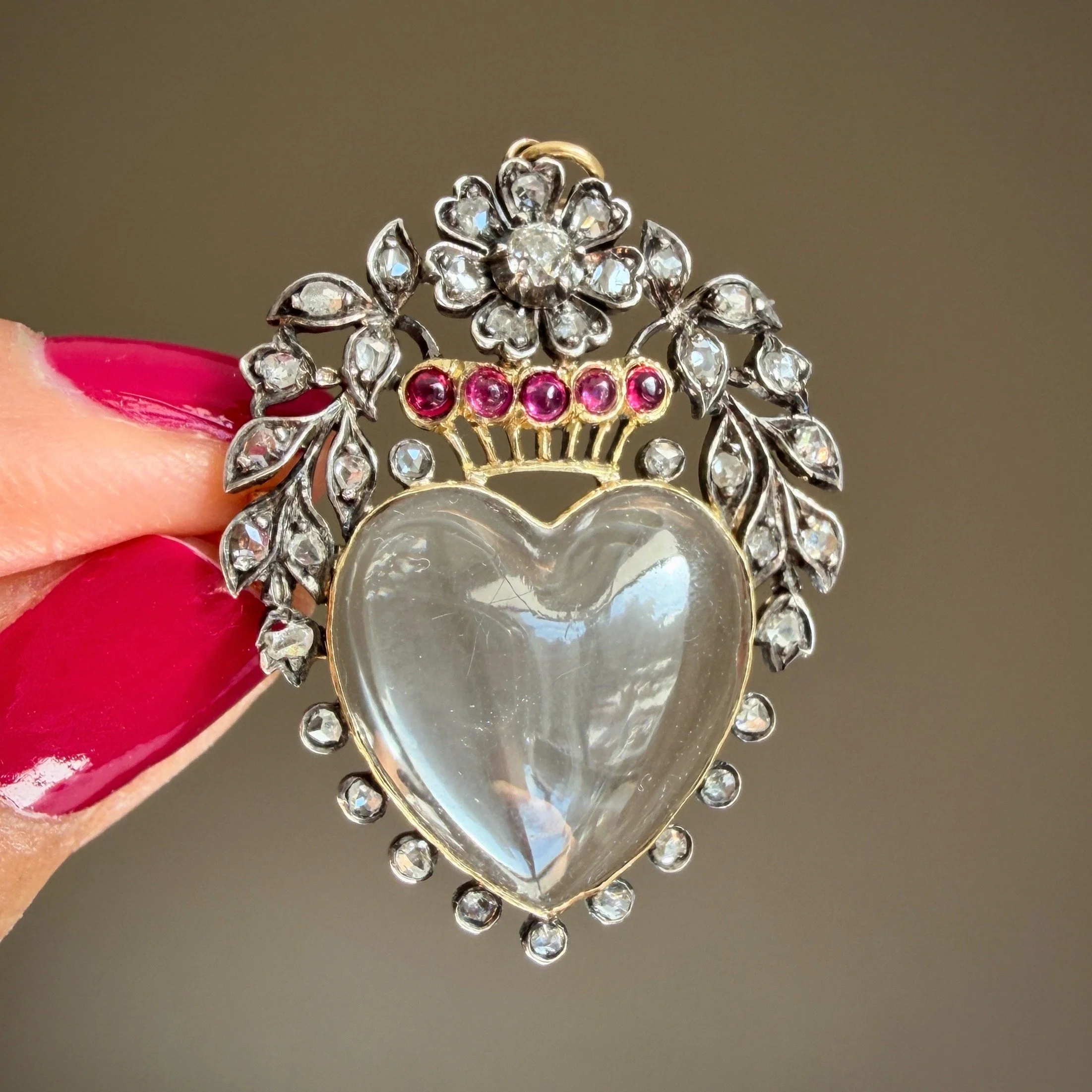 Antique Victorian Rock Crystal Heart Pendant Brooch with Diamonds and Rubies in Original Box