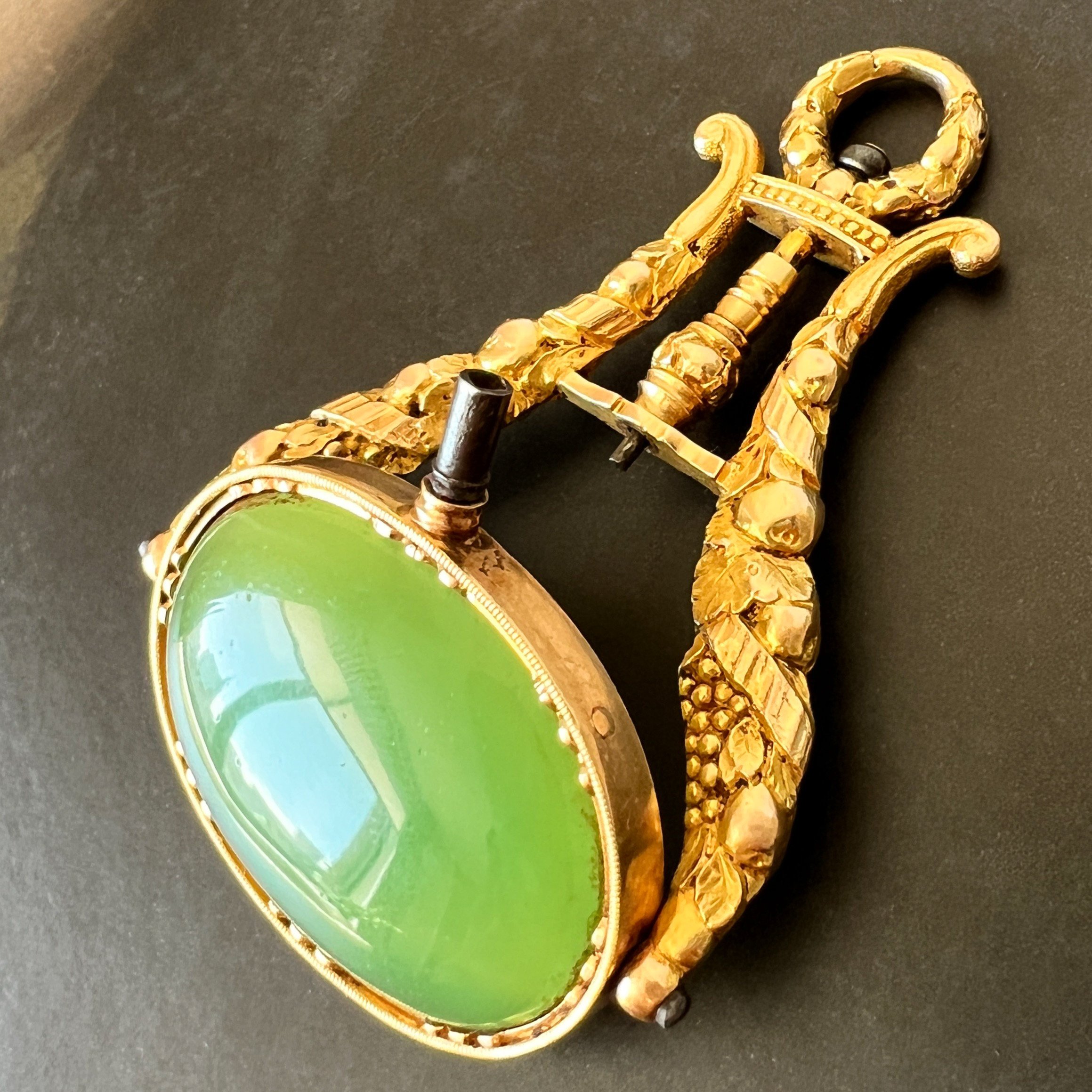 Antique French Gold Reversible Cornucopia Watch Key Pendant with Chalcedony and Green Paste