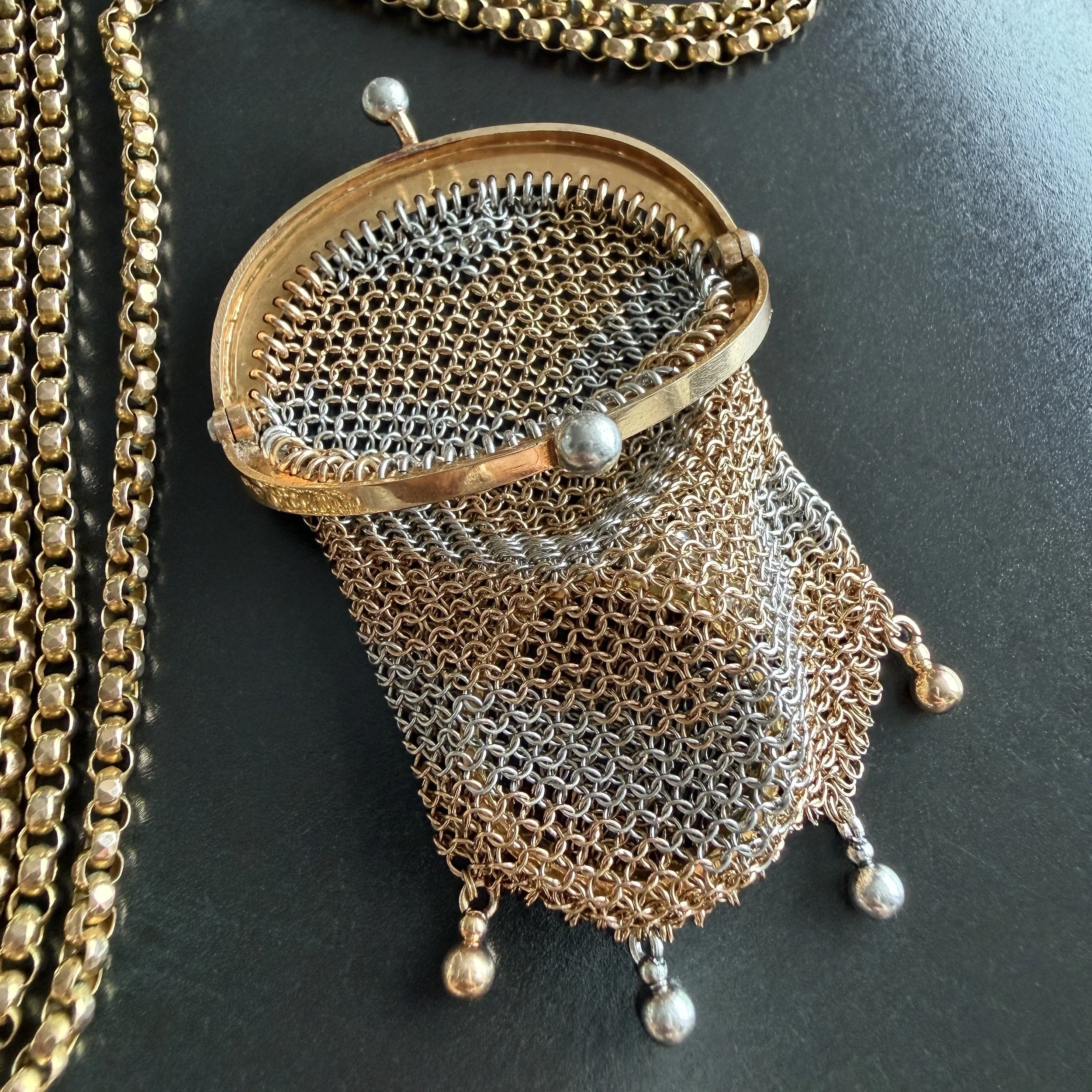 Antique French Edwardian Gold and Platinum Mesh Purse Pendant