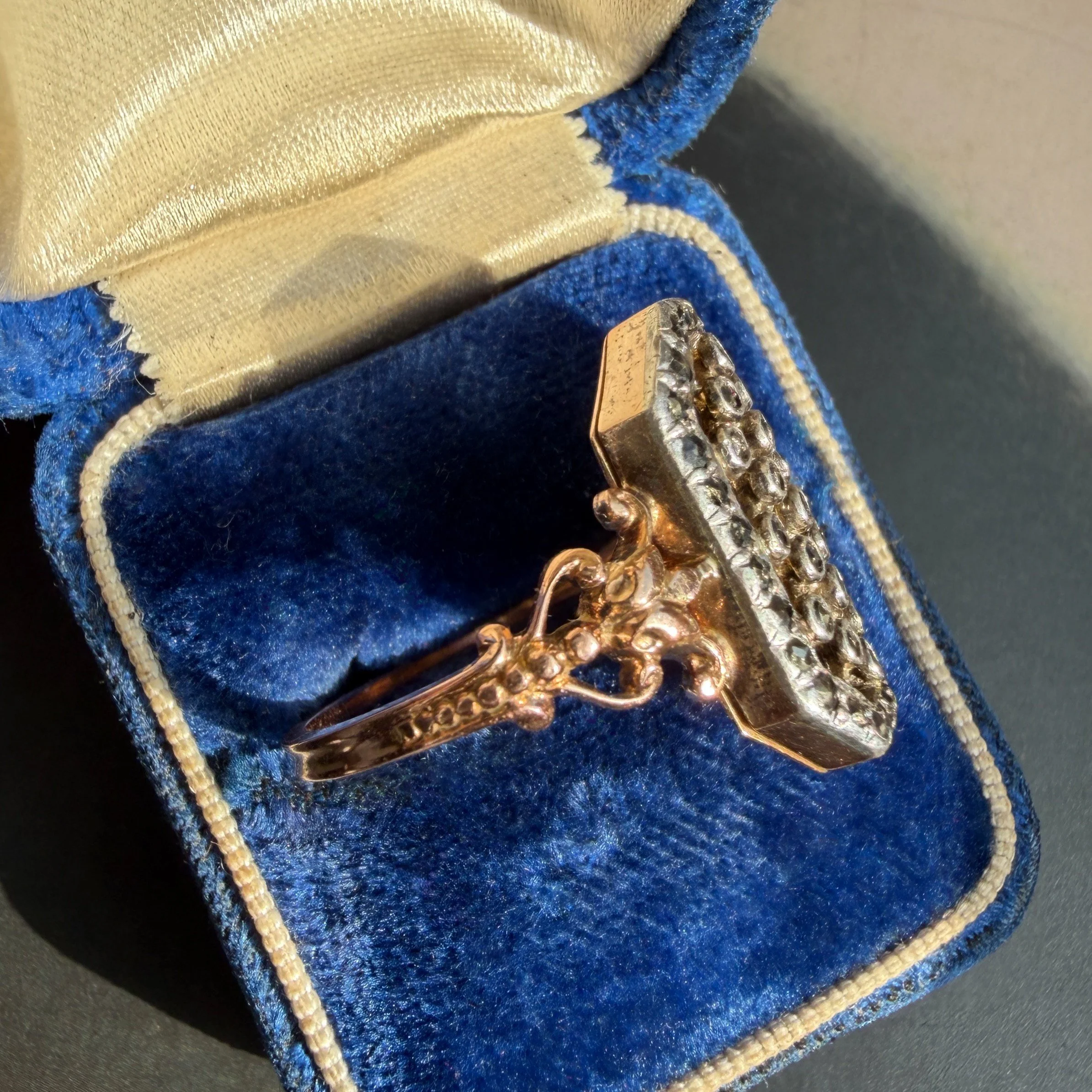 Antique French Gold and Silver Marcasite Lattice Secret Compartment Ring, Inscribed 1893