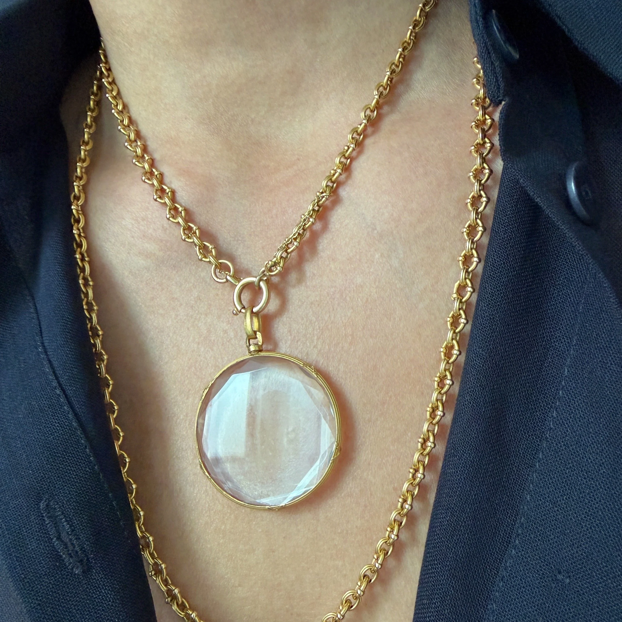 Antique French XL Gold and Faceted Glass Round Locket -- Worn