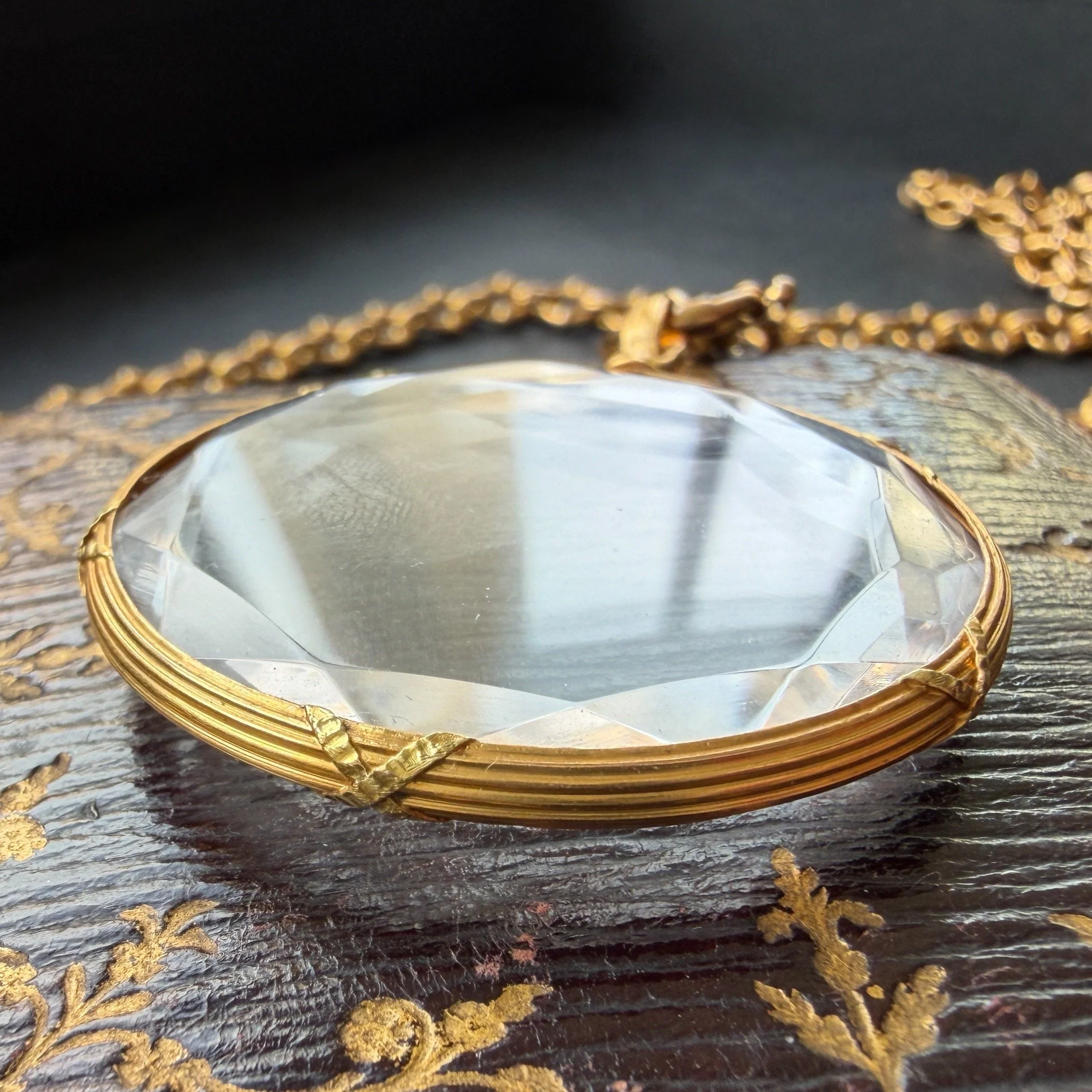 Antique French XL Gold and Faceted Glass Round Locket -- Side