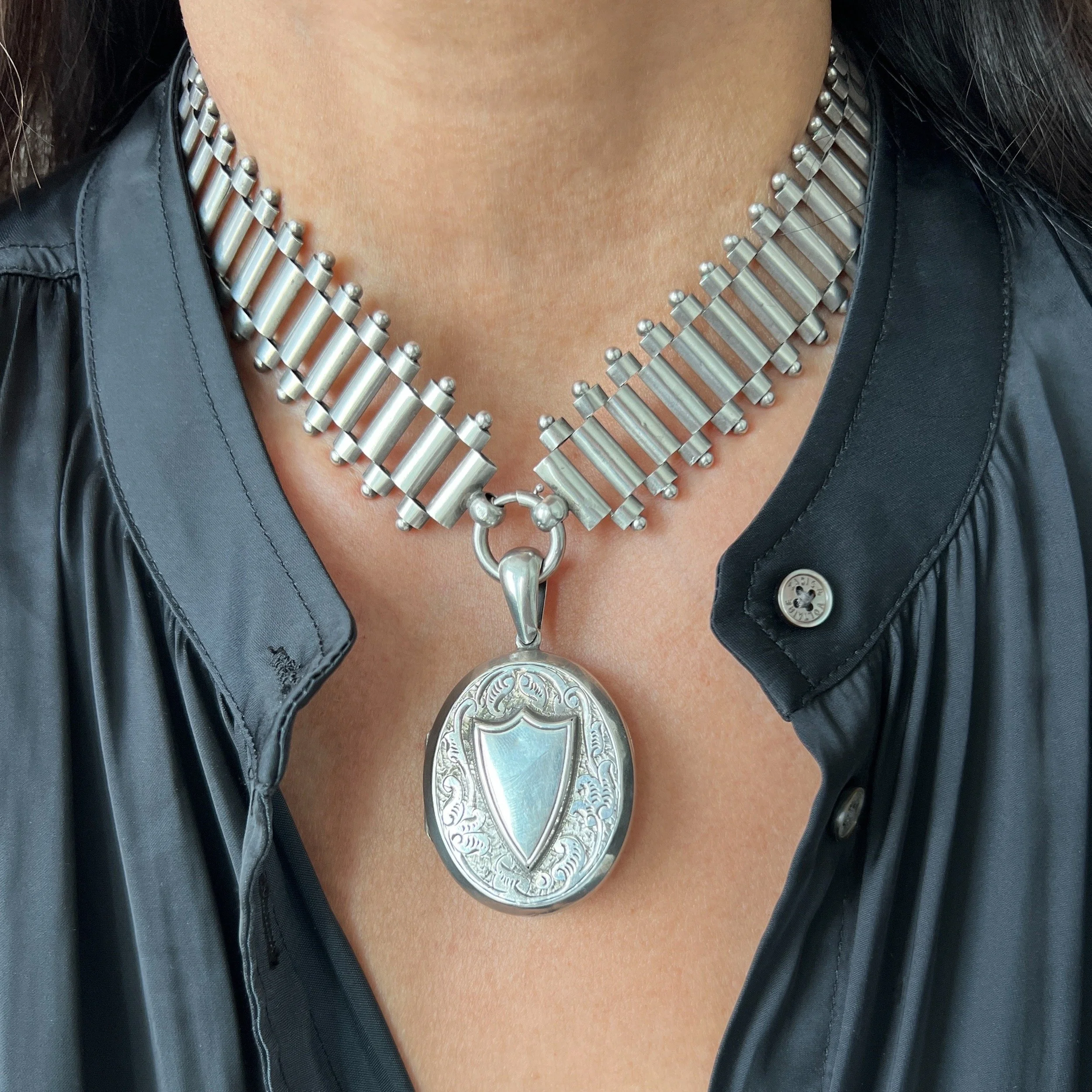 Antique Victorian Silver Shield Locket and Collar Necklace