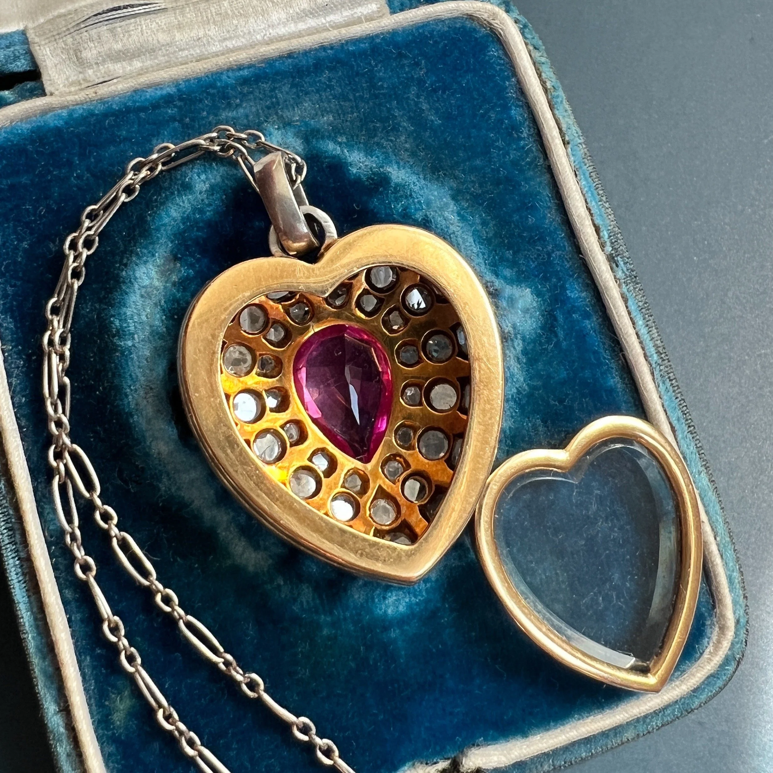 Antique Early 20th Century Platinum and Gold Diamond Heart Locket with Chain