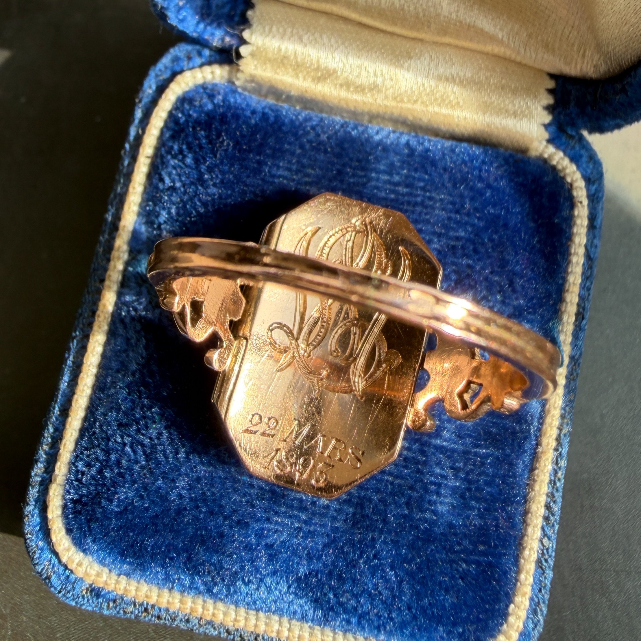 Antique French Gold and Silver Marcasite Lattice Secret Compartment Ring, Inscribed 1893