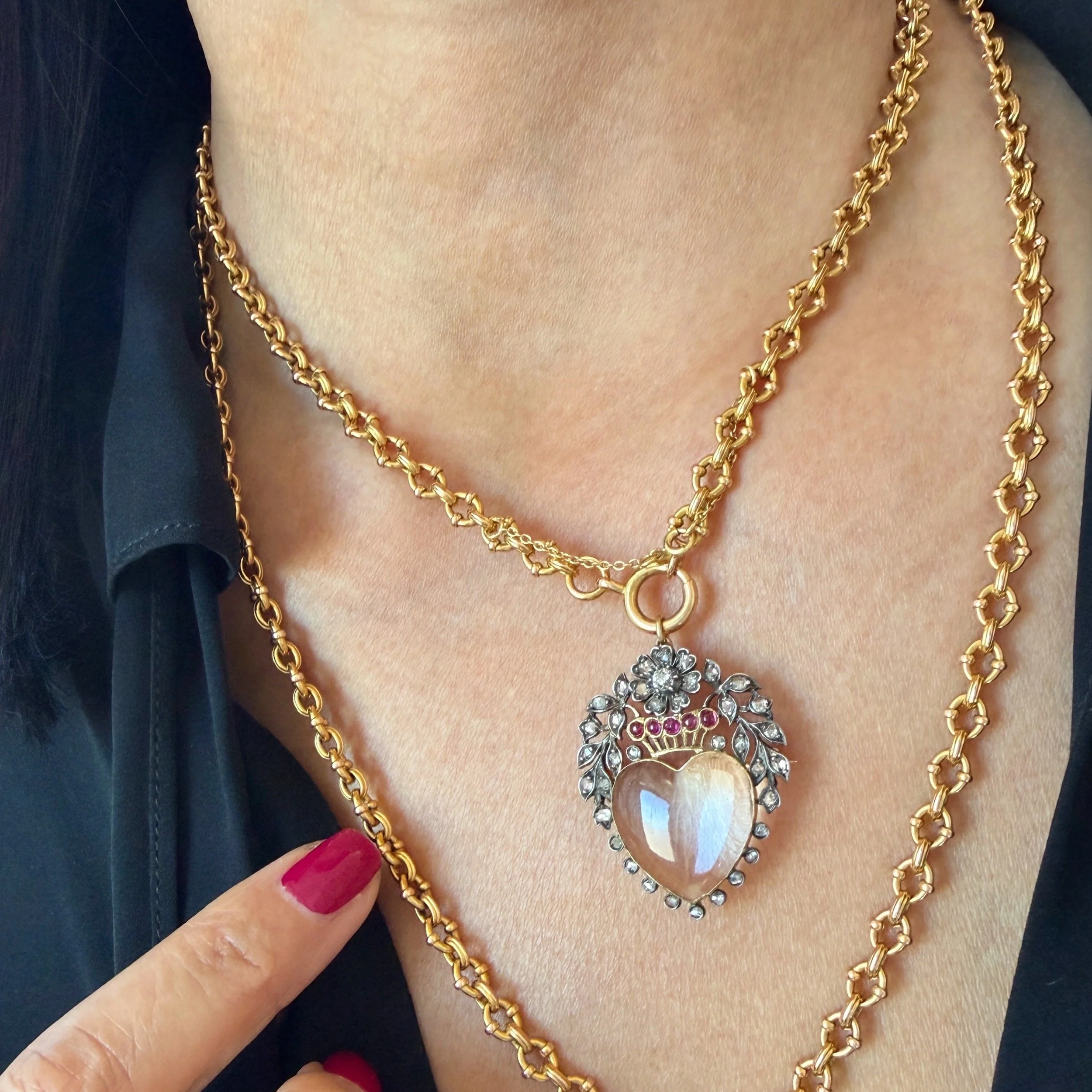 Antique Victorian Rock Crystal Heart Pendant Brooch with Diamonds and Rubies in Original Box (Worn on Body)