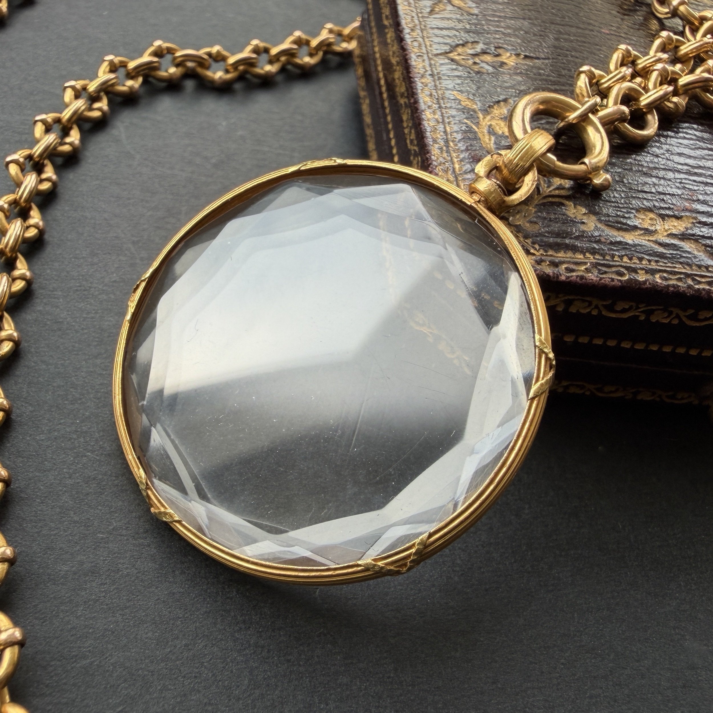 Antique French XL Gold and Faceted Glass Round Locket -- 3/4 View