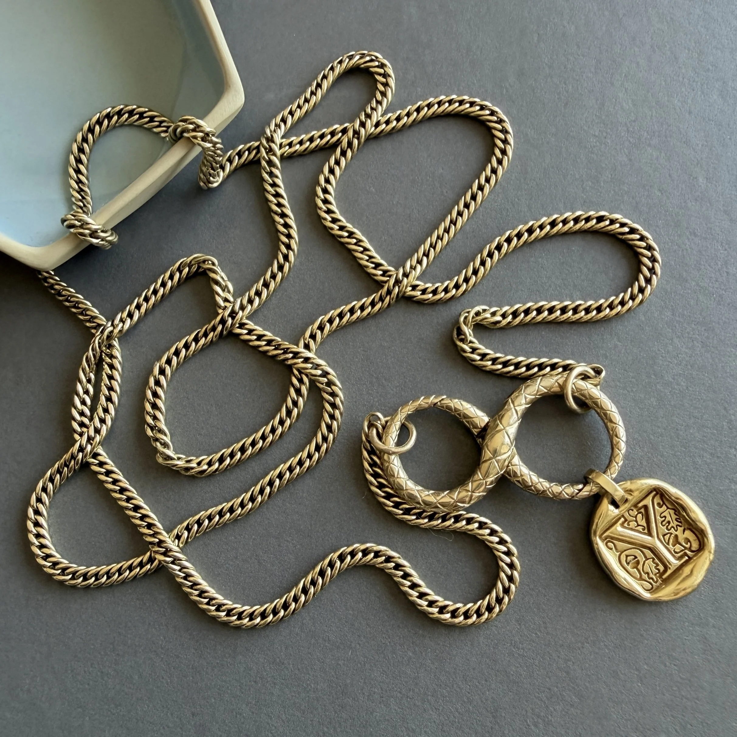 Antique Victorian Long Gold Curb Chain with XL Lucky 8 Clasp and Charm Holder and Minigram Pendant