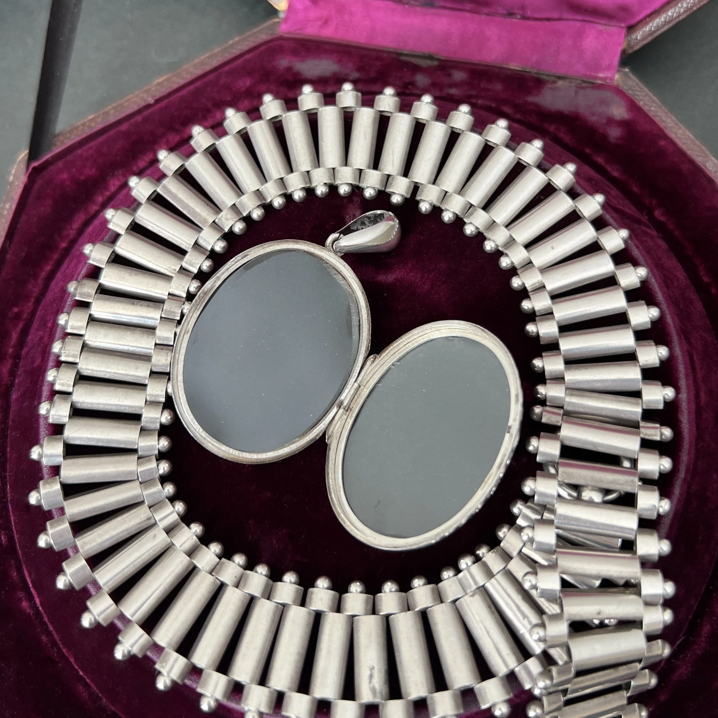 Antique Victorian Silver Shield Locket and Collar Necklace