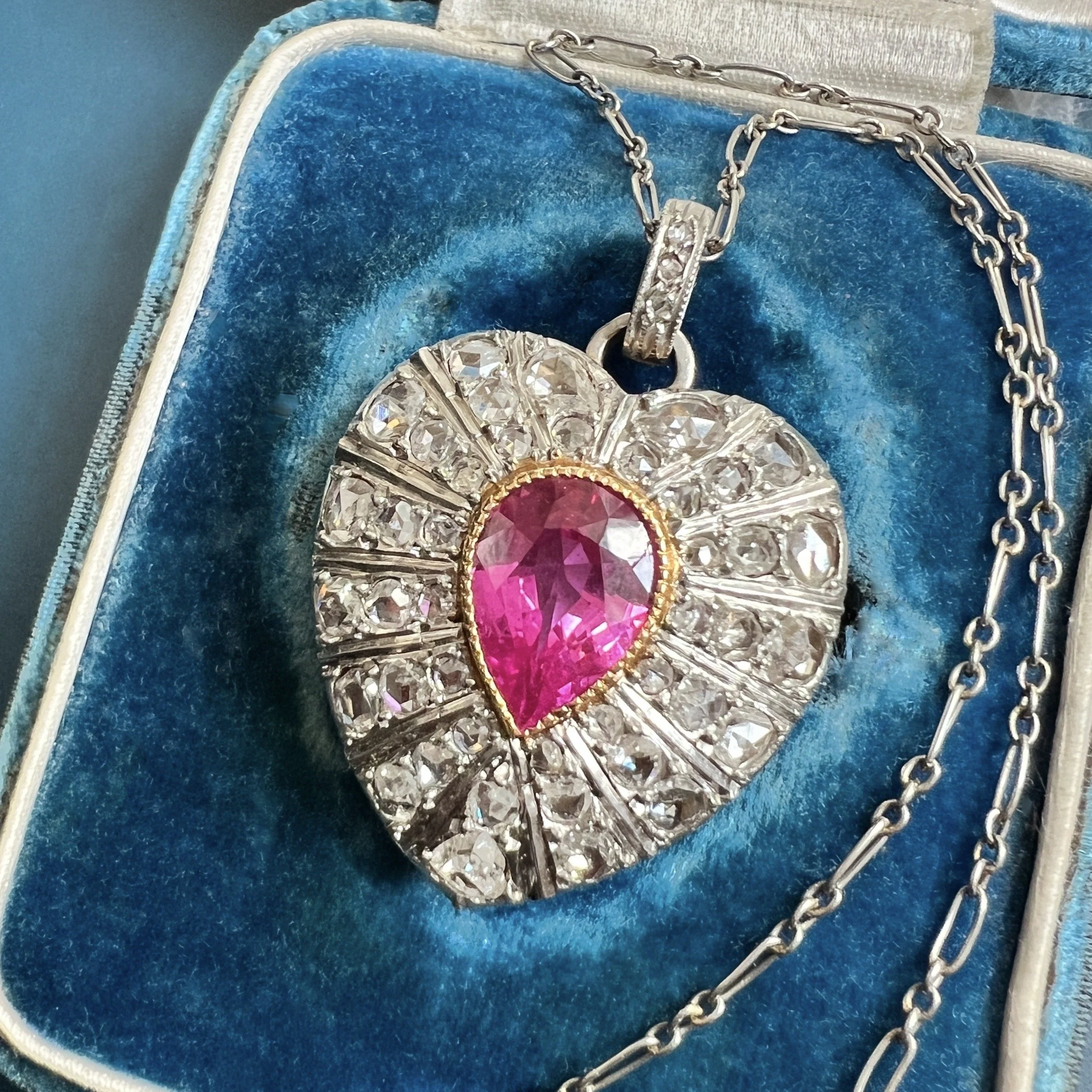 Antique Early 20th Century Platinum and Gold Diamond Heart Locket with Chain