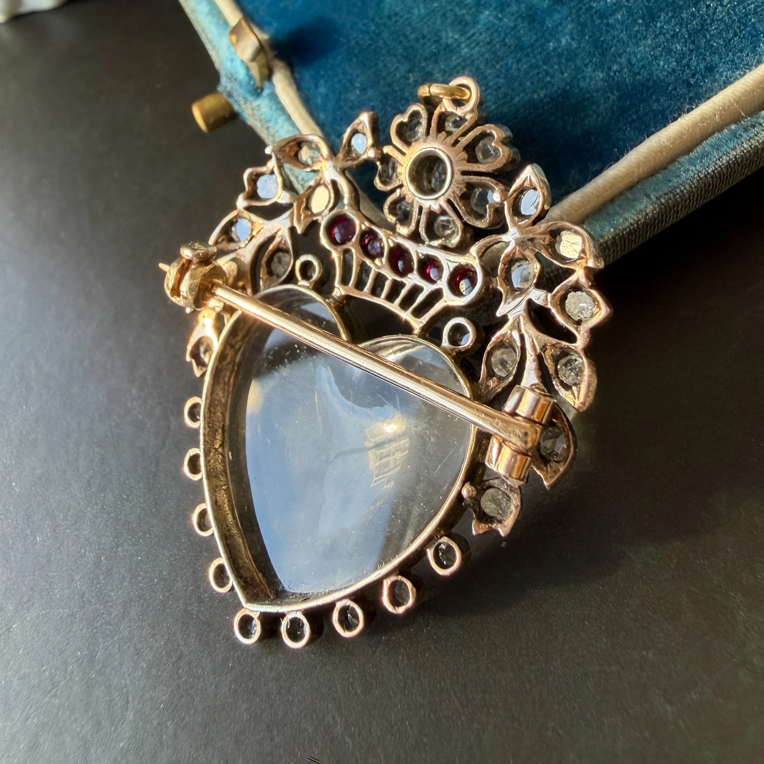 Antique Victorian Rock Crystal Heart Pendant Brooch with Diamonds and Rubies in Original Box (Back View)