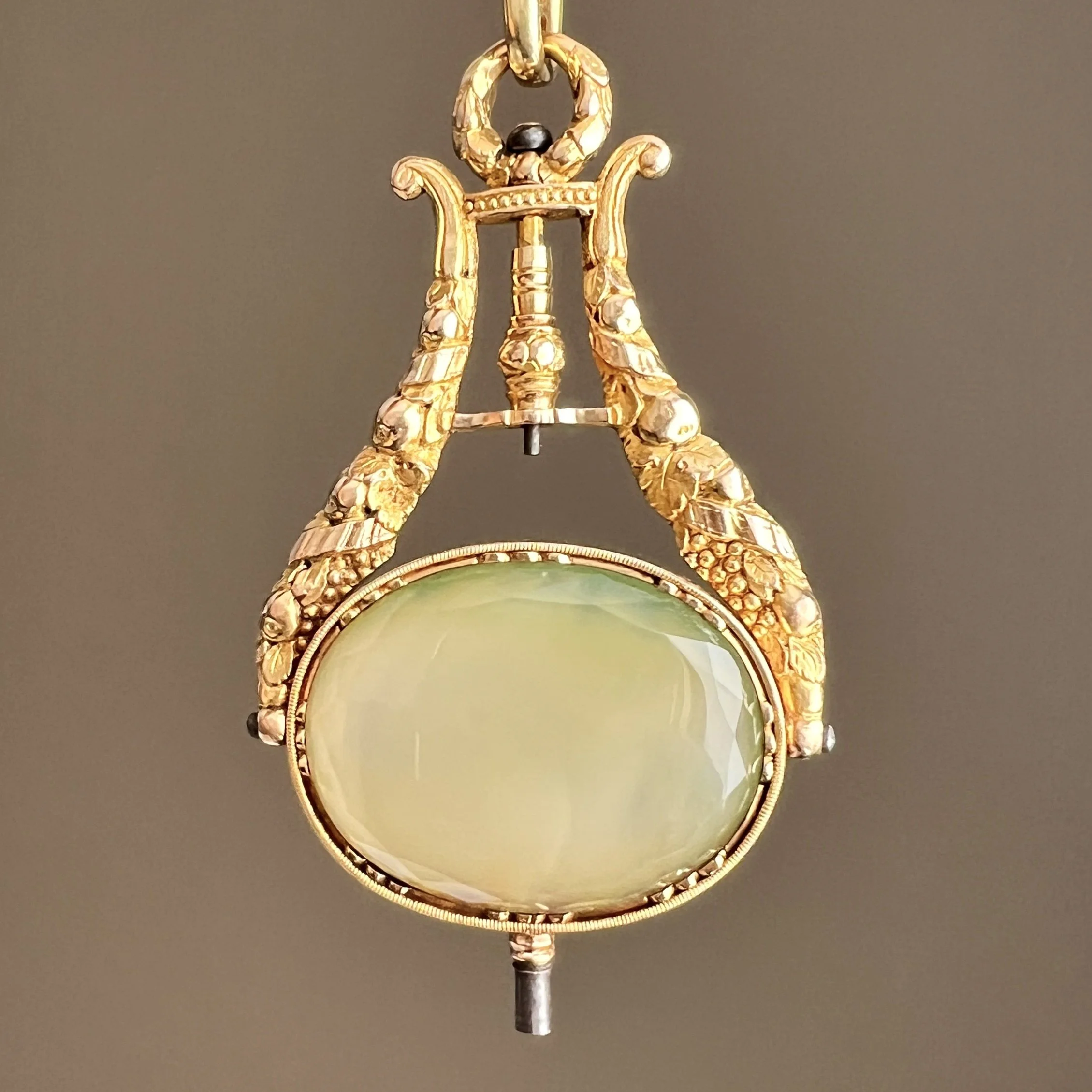 Antique French Gold Reversible Cornucopia Watch Key Pendant with Chalcedony and Green Paste