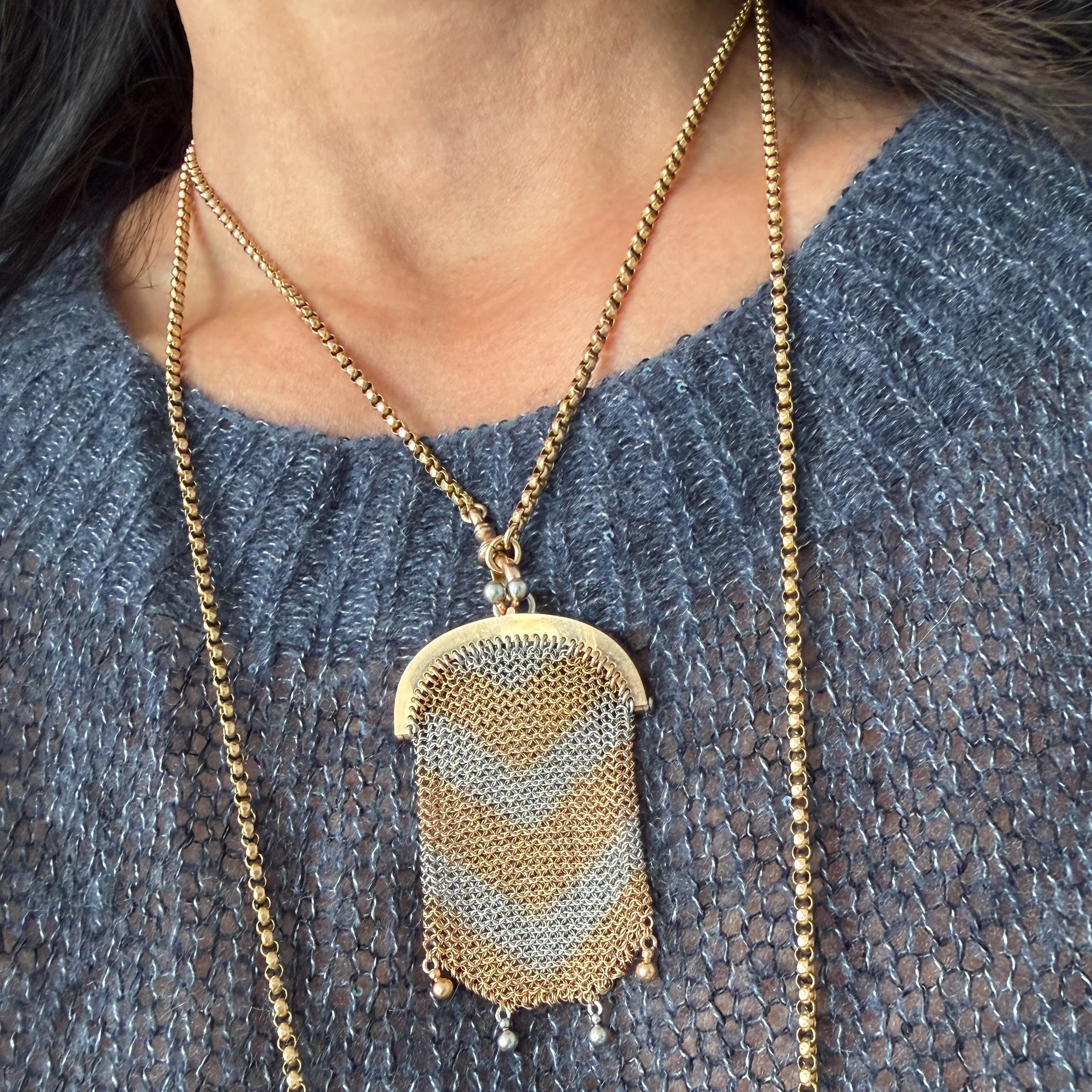 Antique French Edwardian Gold and Platinum Mesh Purse Pendant
