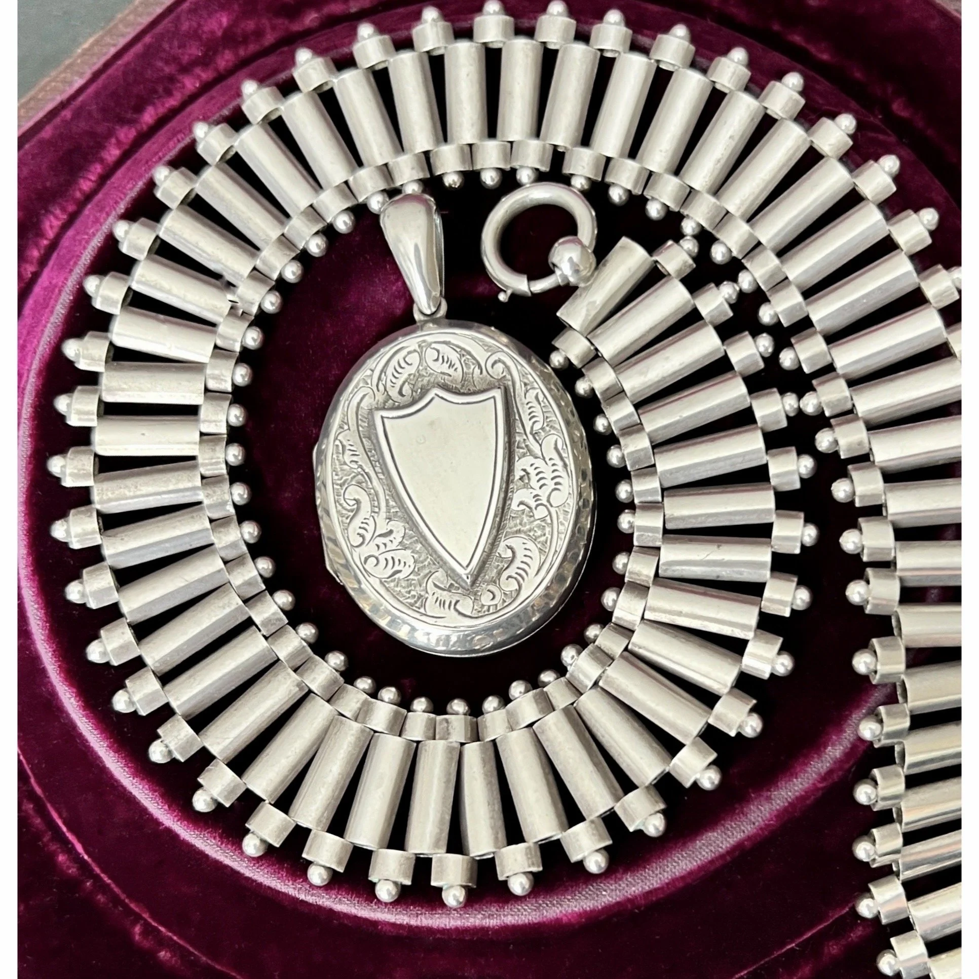 Antique Victorian Silver Shield Locket and Collar Necklace