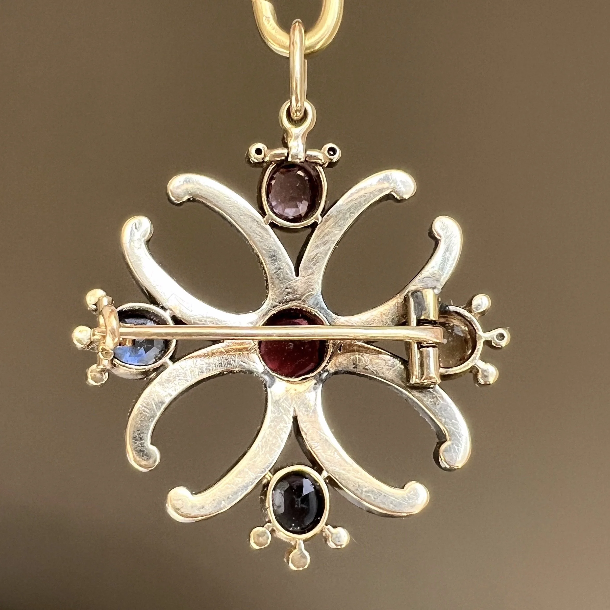 Antique Early Victorian Harlequin Gemstone Maltese Cross Pendant Brooch