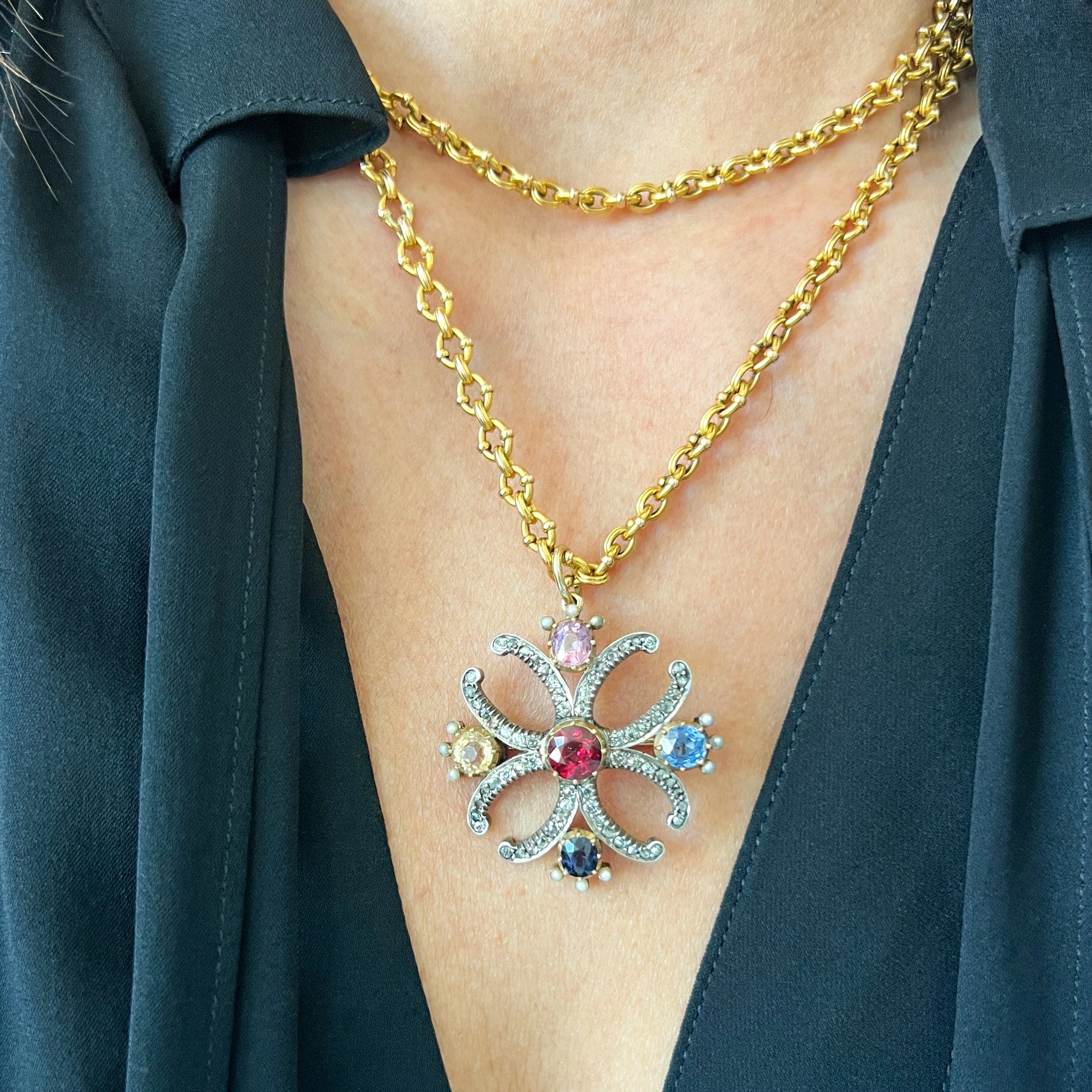 Antique Early Victorian Harlequin Gemstone Maltese Cross Pendant Brooch