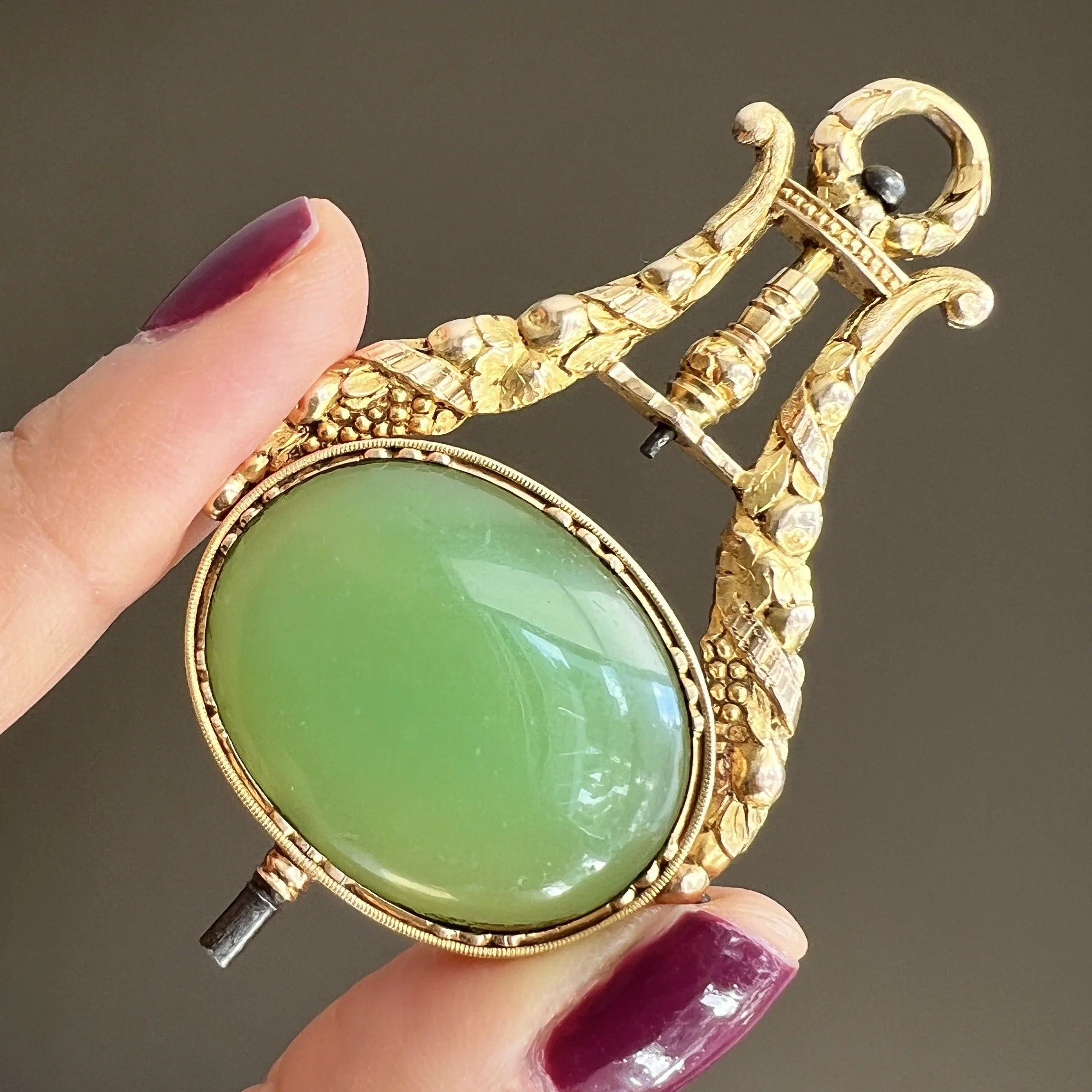 Antique French Gold Reversible Cornucopia Watch Key Pendant with Chalcedony and Green Paste