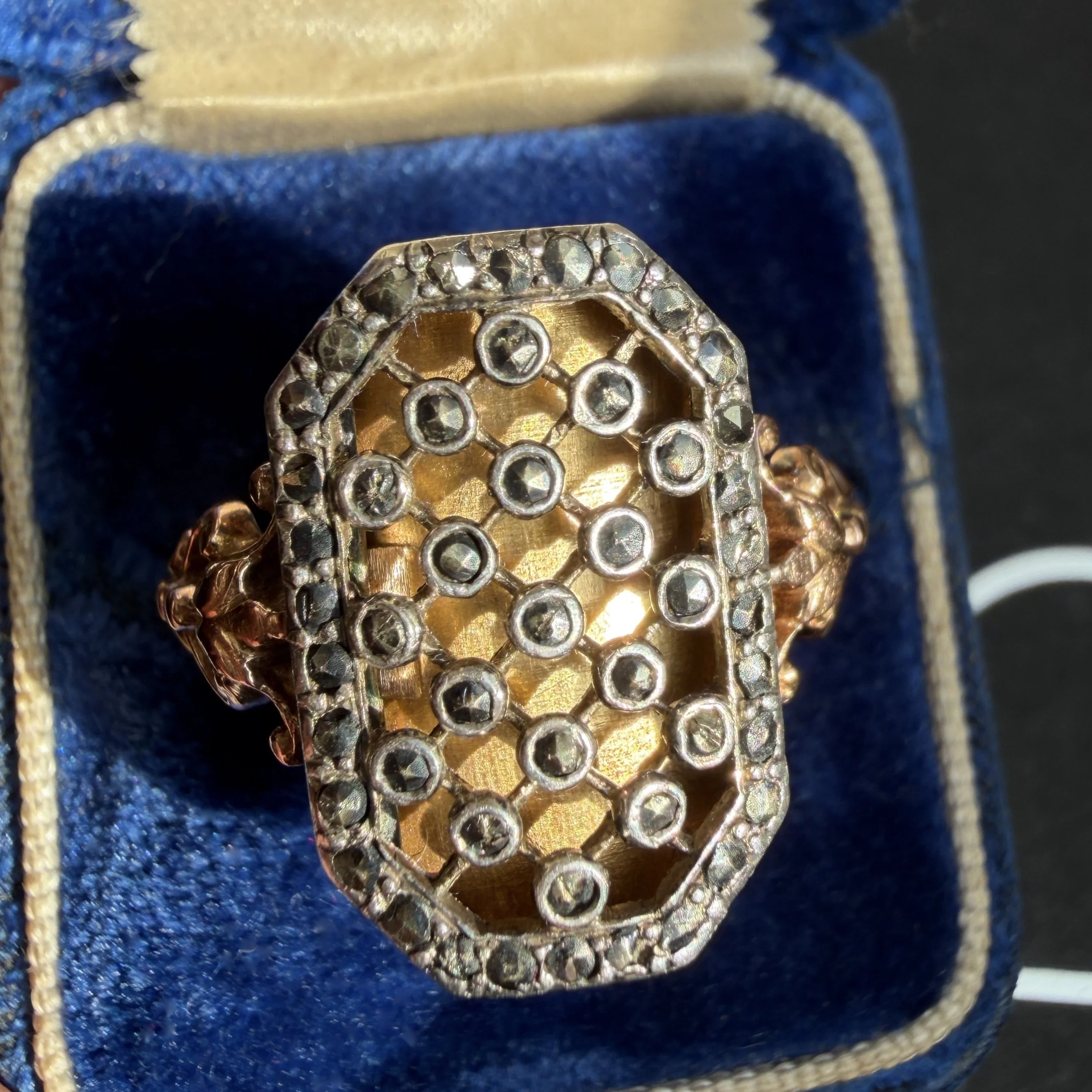 Antique French Gold and Silver Marcasite Lattice Secret Compartment Ring, Inscribed 1893