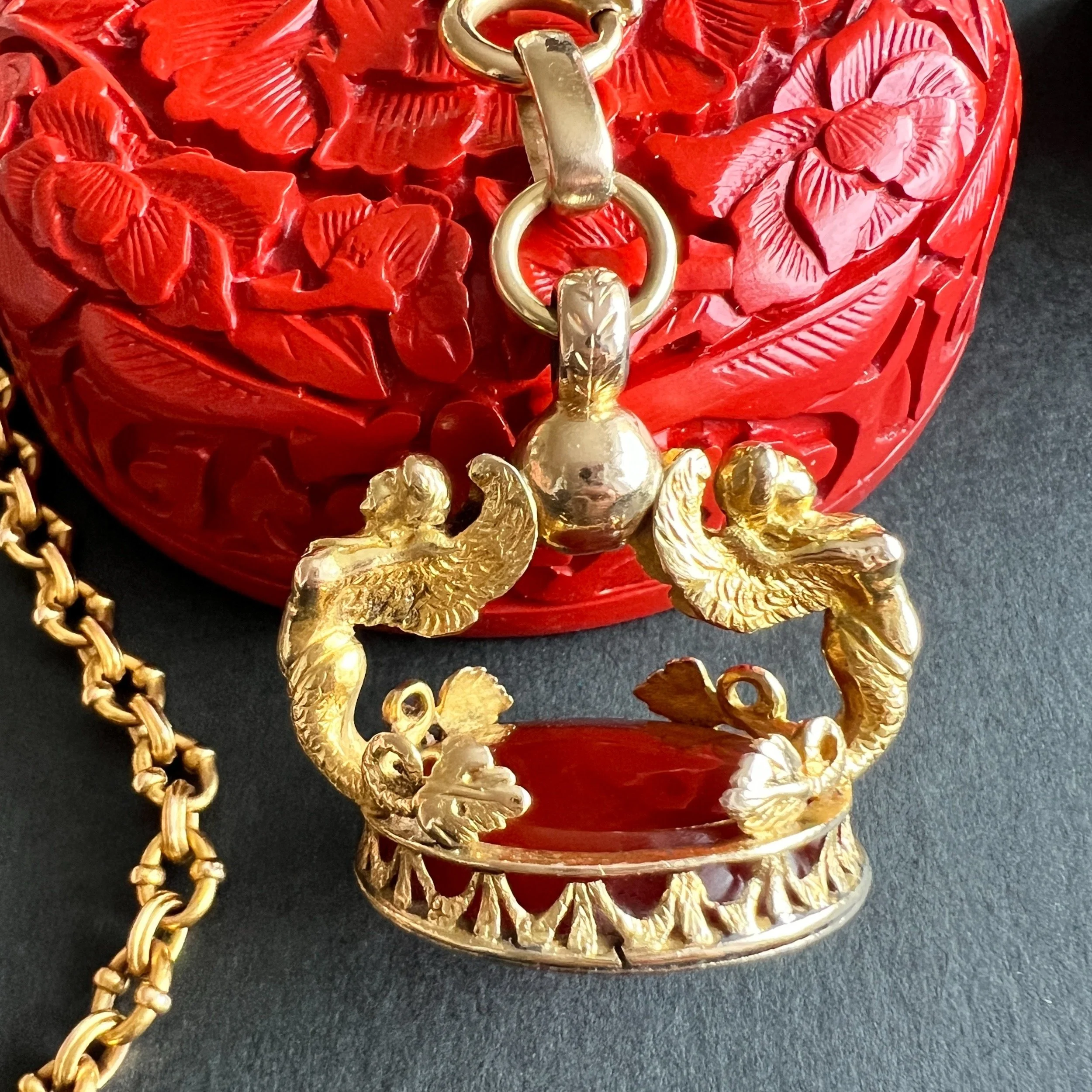 Edit Antique French Early 19th Century Gold and Carnelian Seal Fob with Winged Sirens