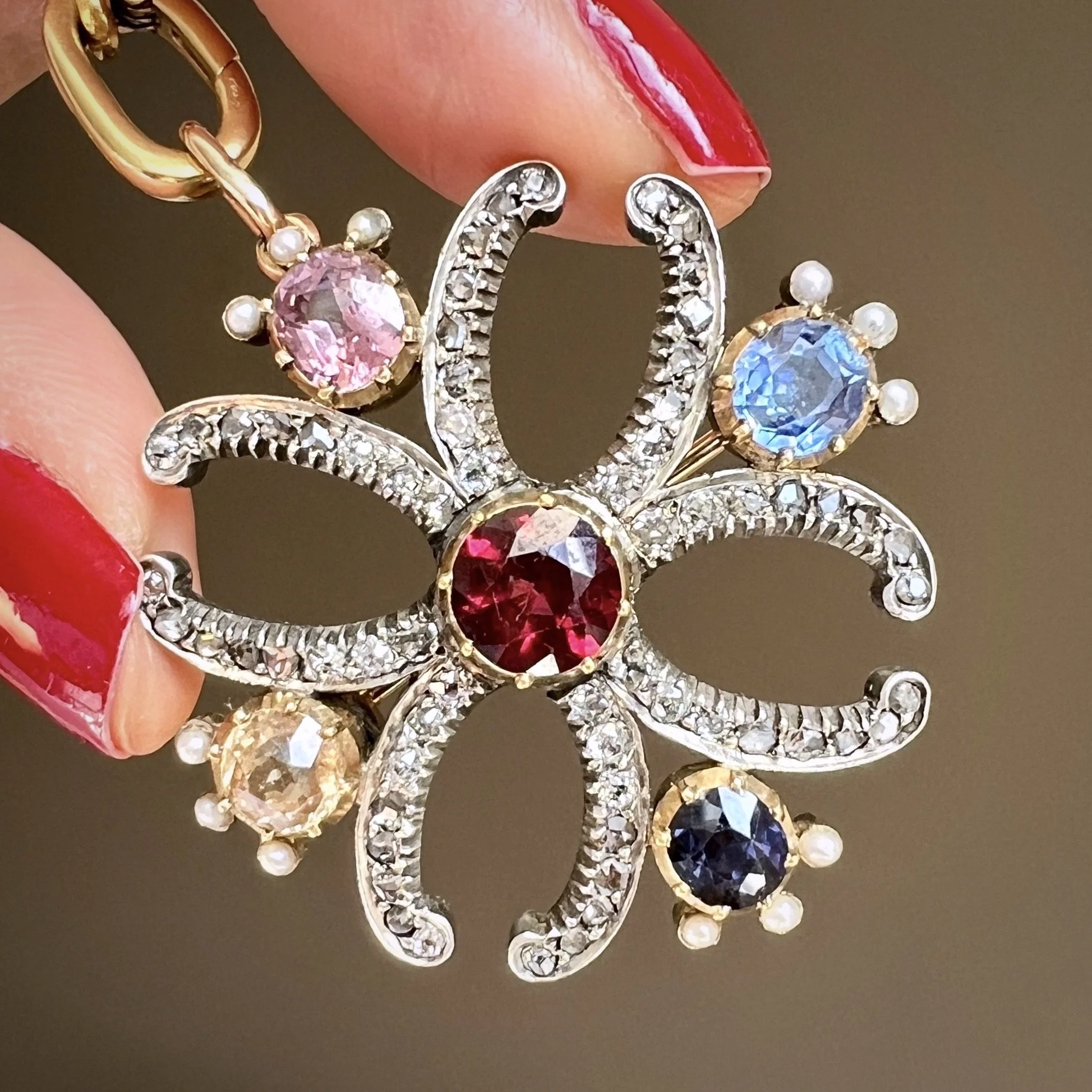 Antique Early Victorian Harlequin Gemstone Maltese Cross Pendant Brooch