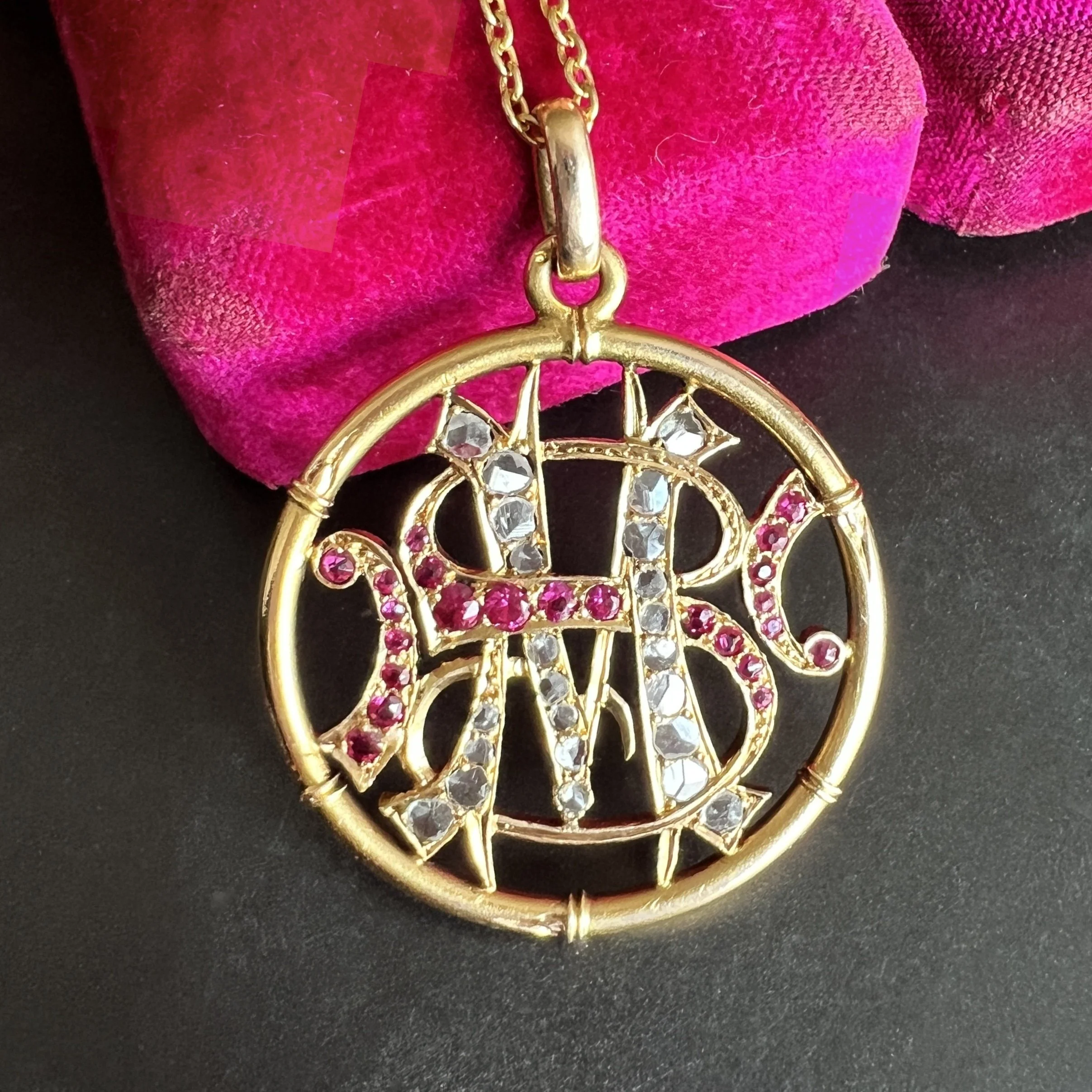 Antique Gold Monogram (MS or SM) Pendant with Rubies and Rose Cut Diamonds