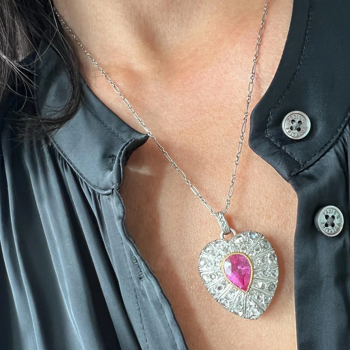 Antique Early 20th Century Platinum and Gold Diamond Heart Locket with Chain