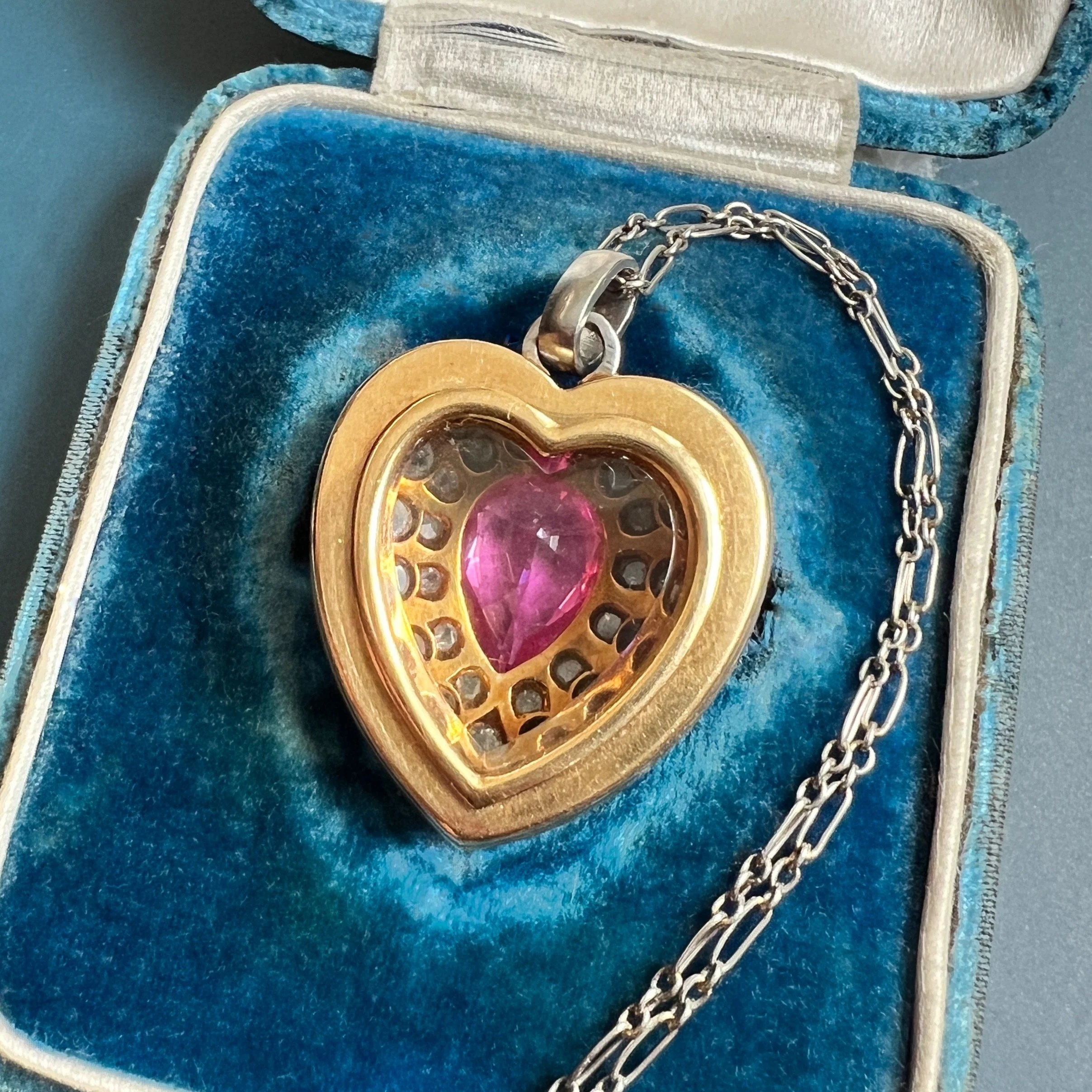 Antique Early 20th Century Platinum and Gold Diamond Heart Locket with Chain