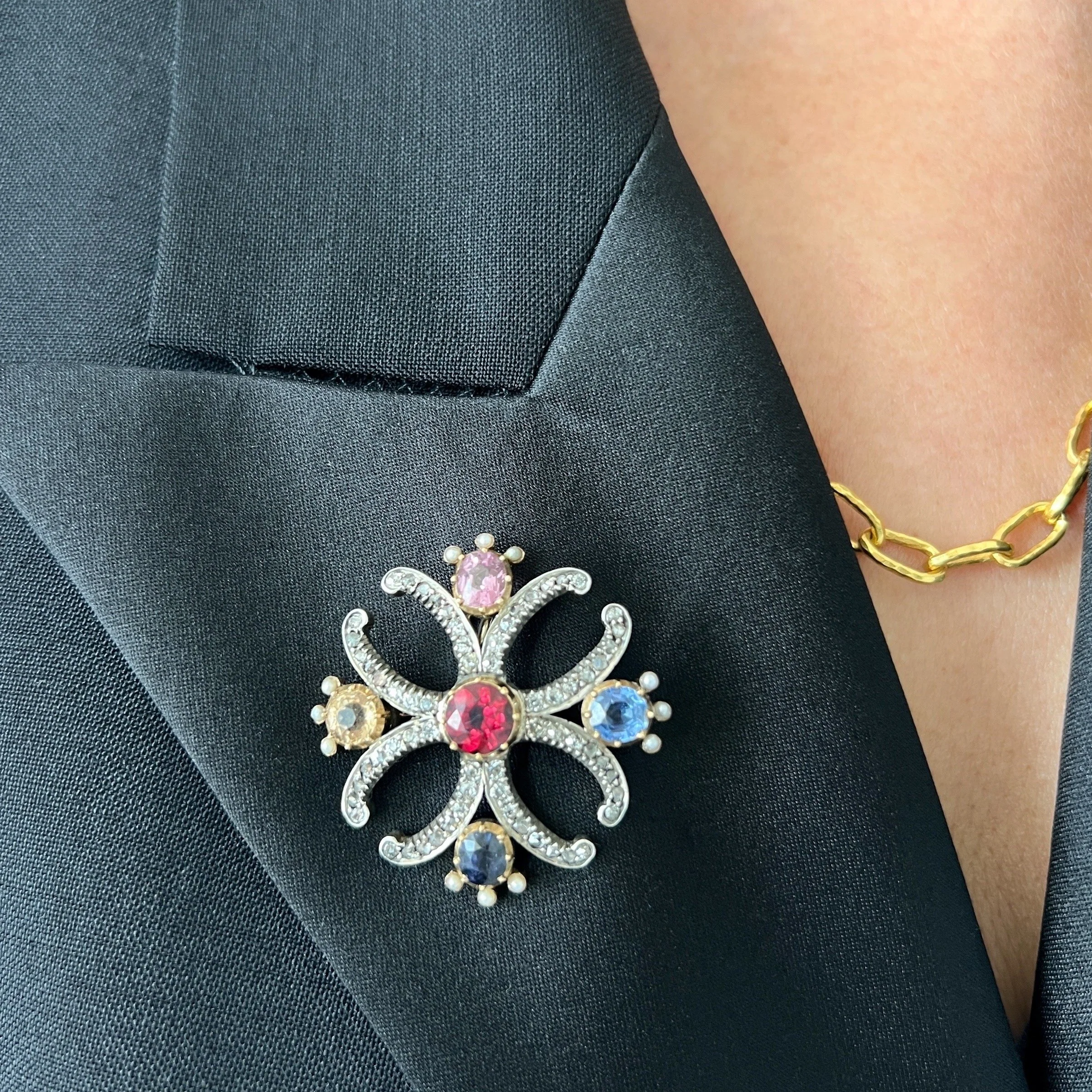 Antique Early Victorian Harlequin Gemstone Maltese Cross Pendant Brooch