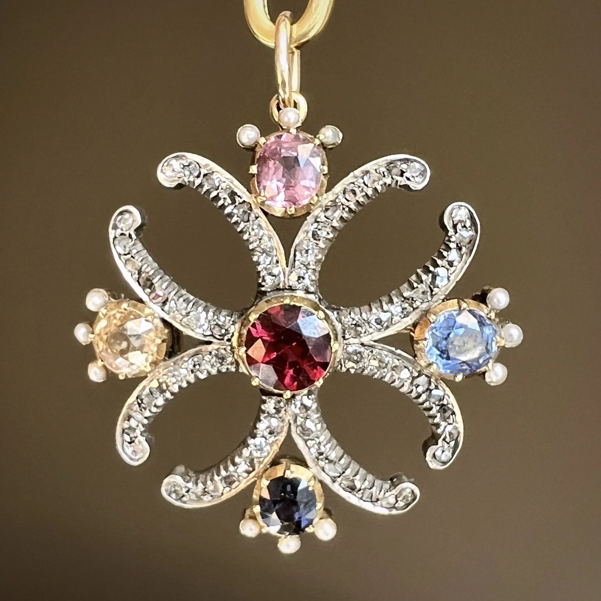Antique Early Victorian Harlequin Gemstone Maltese Cross Pendant Brooch