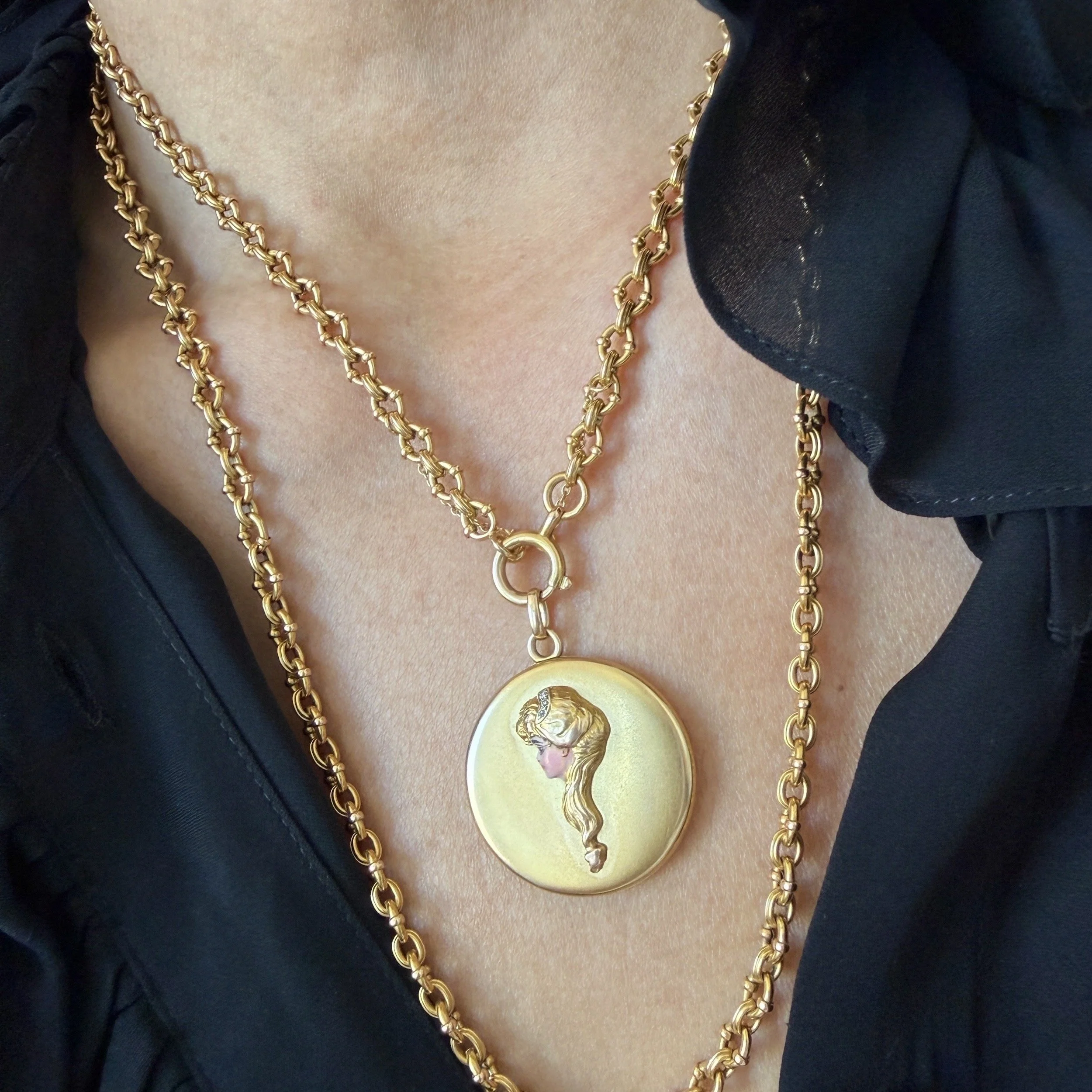 Antique Art Nouveau Gold and Enamel Gibson Girl Question Mark Locket -- Worn
