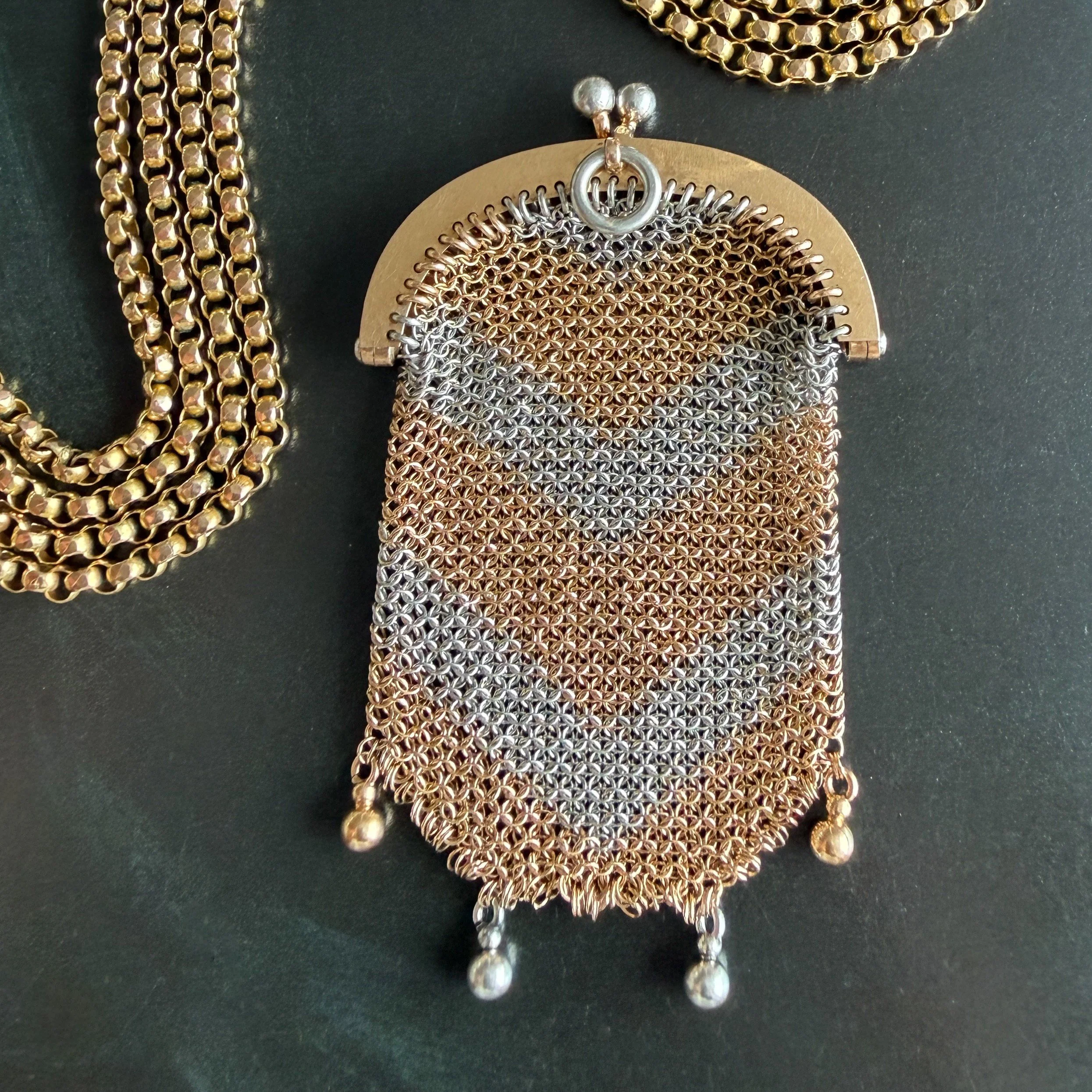 Antique French Edwardian Gold and Platinum Mesh Purse Pendant