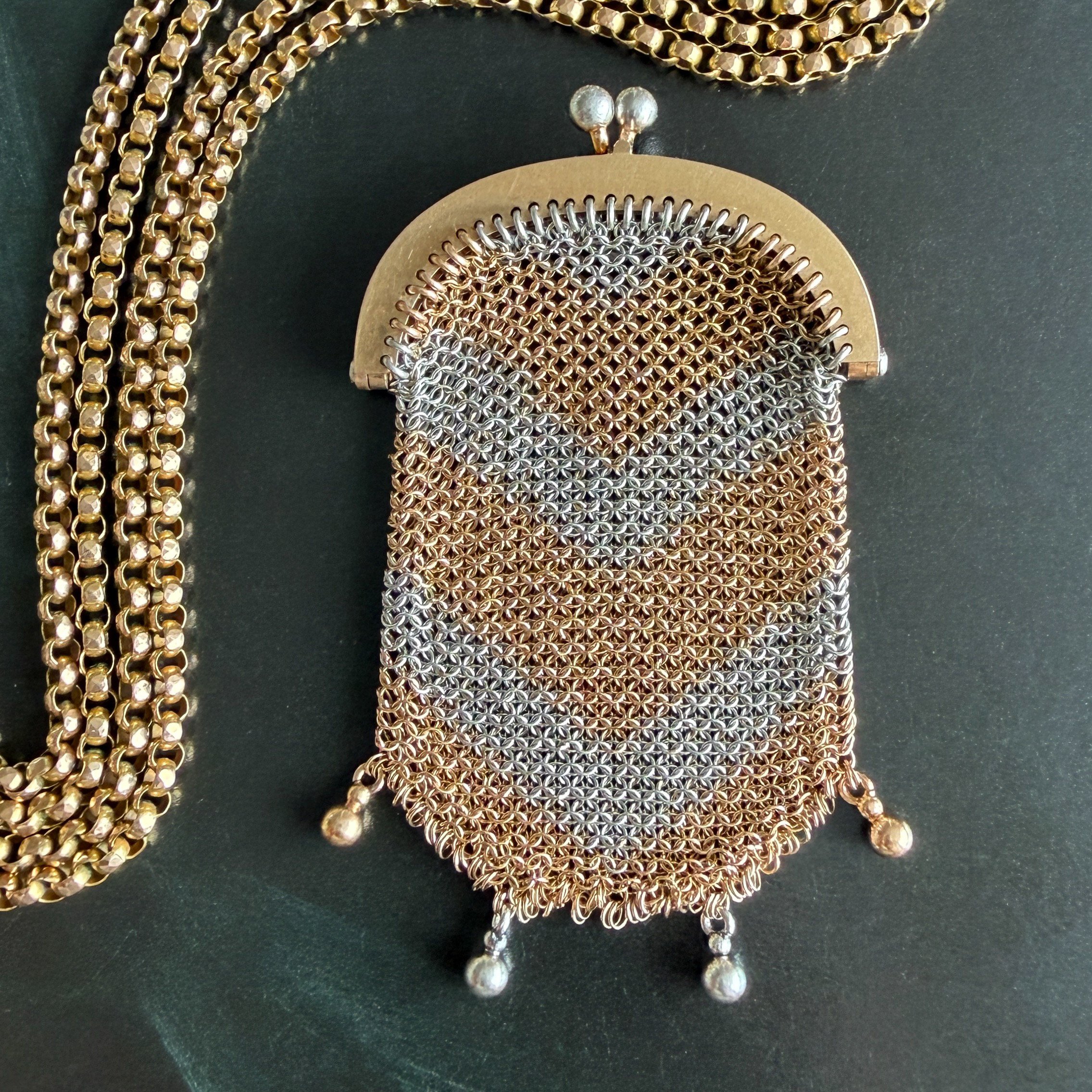 Antique French Edwardian Gold and Platinum Mesh Purse Pendant