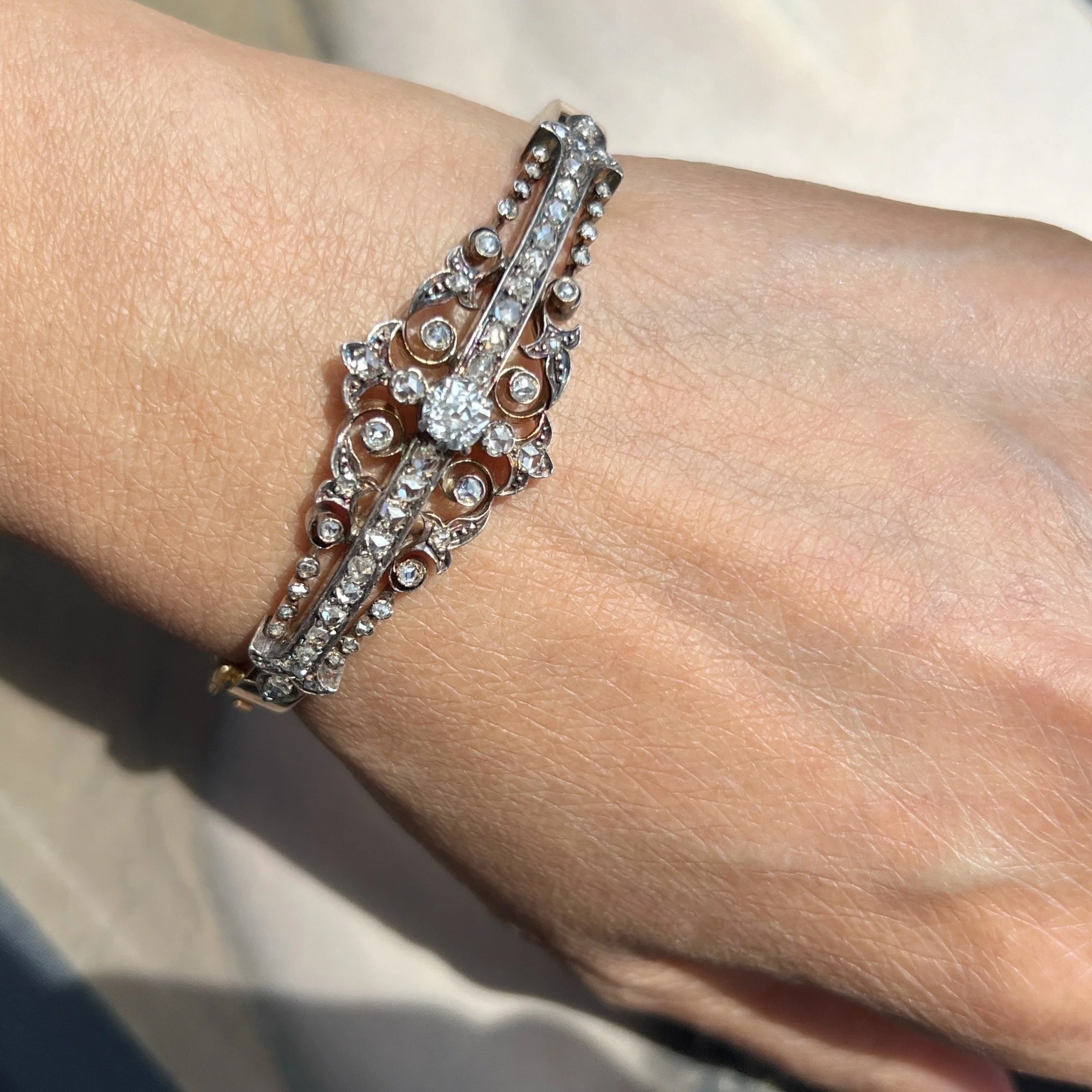 Antique Belle Époque French Diamond Bandeau Bangle with Fleur-de-Lis Flourishes