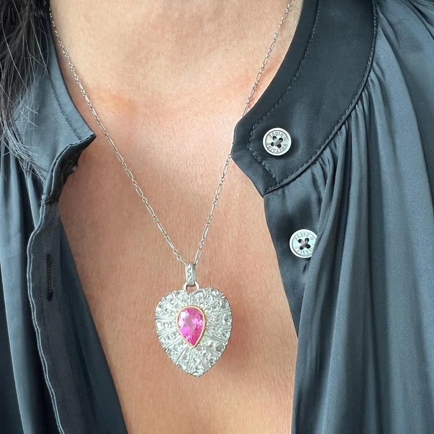 Antique Early 20th Century Platinum and Gold Diamond Heart Locket with Chain