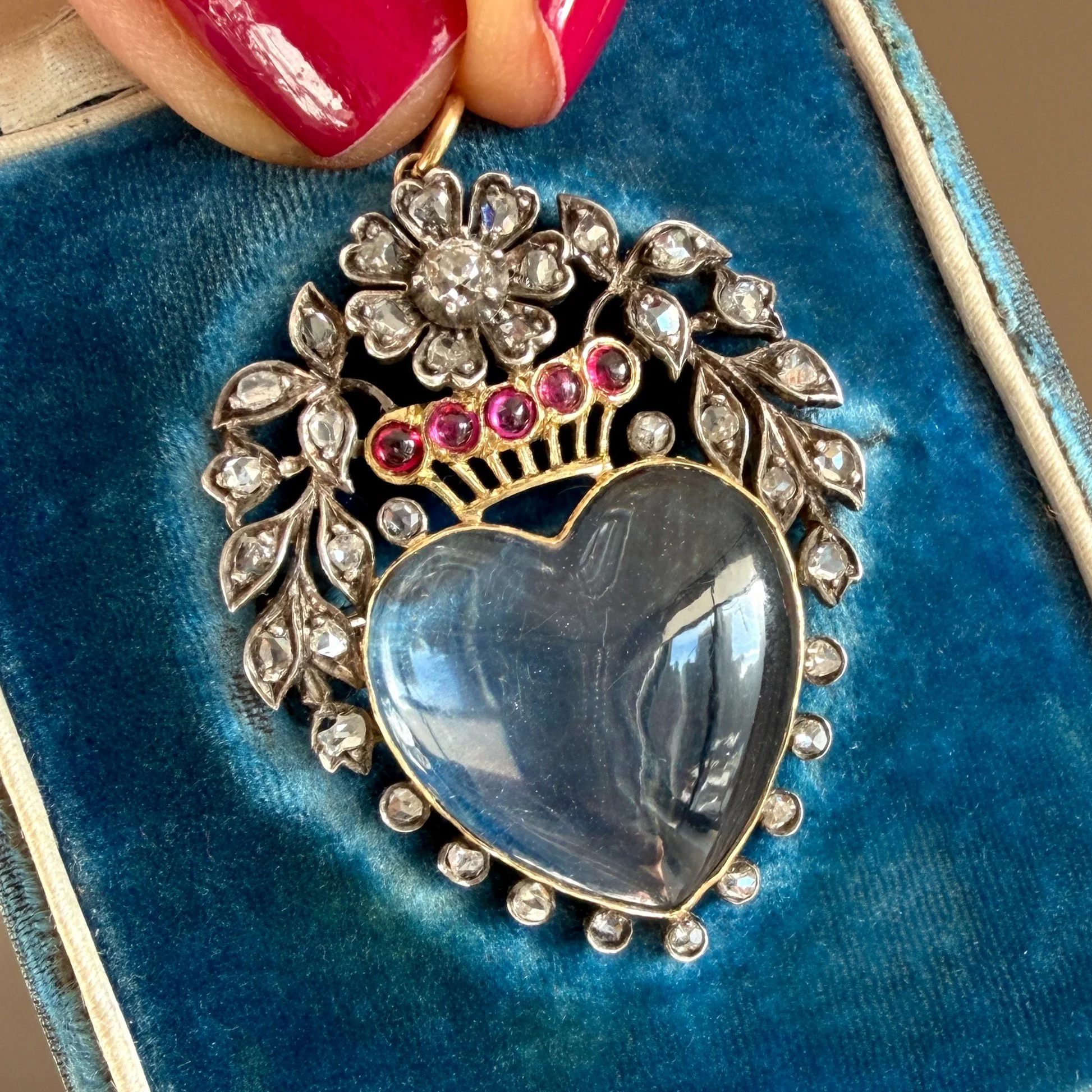Antique Victorian Rock Crystal Heart Pendant Brooch with Diamonds and Rubies in Original Box