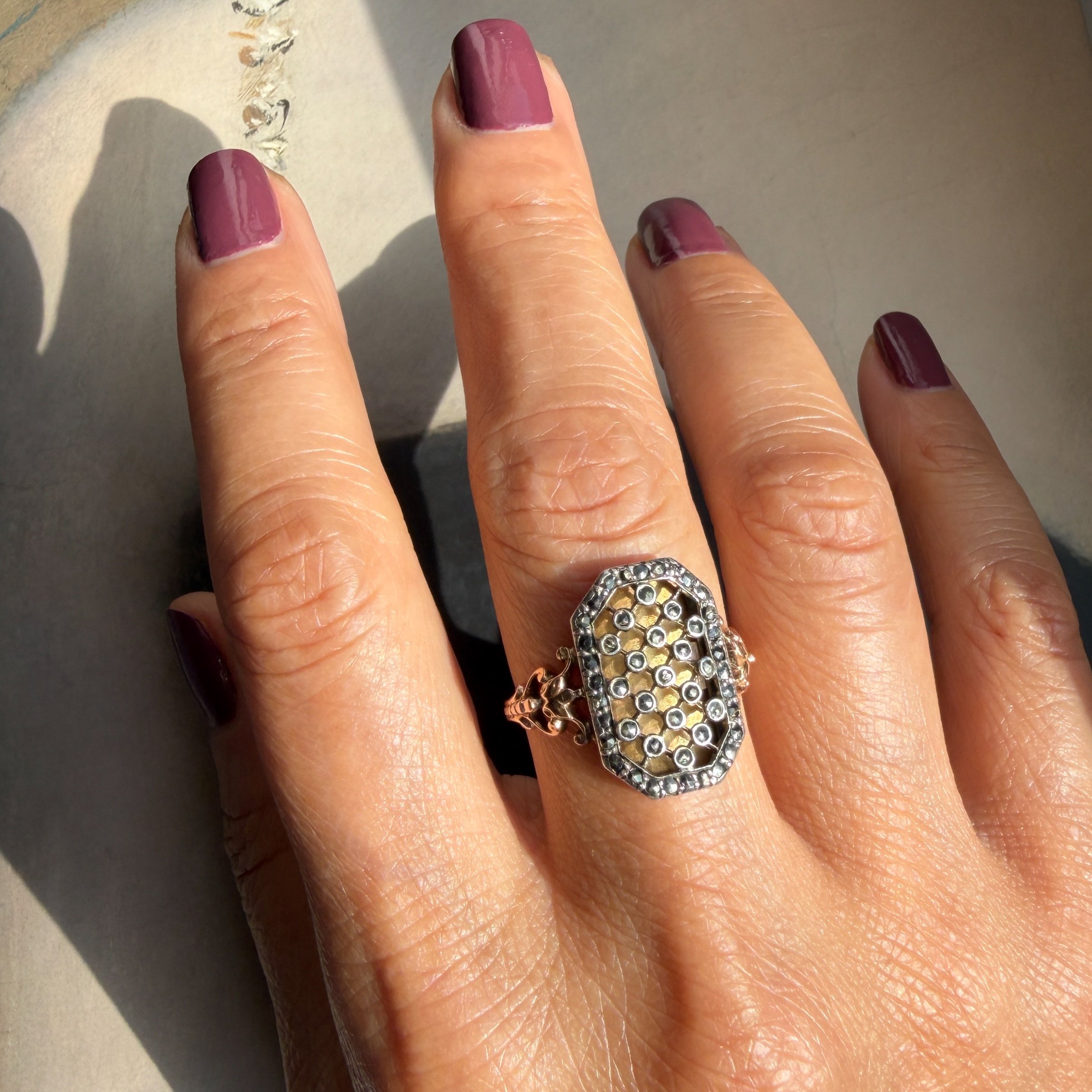 Antique French Gold and Silver Marcasite Lattice Secret Compartment Ring, Inscribed 1893