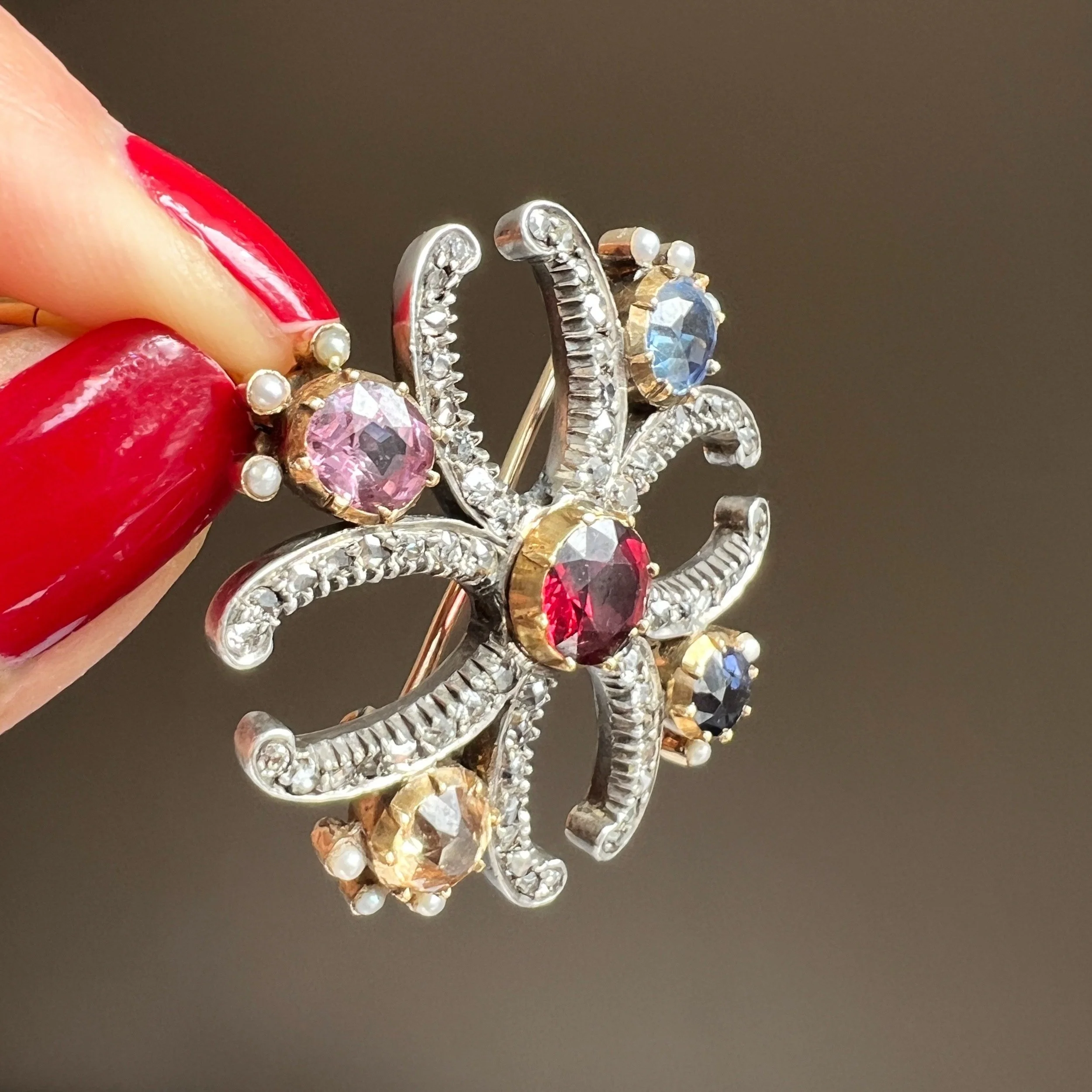 Antique Early Victorian Harlequin Gemstone Maltese Cross Pendant Brooch