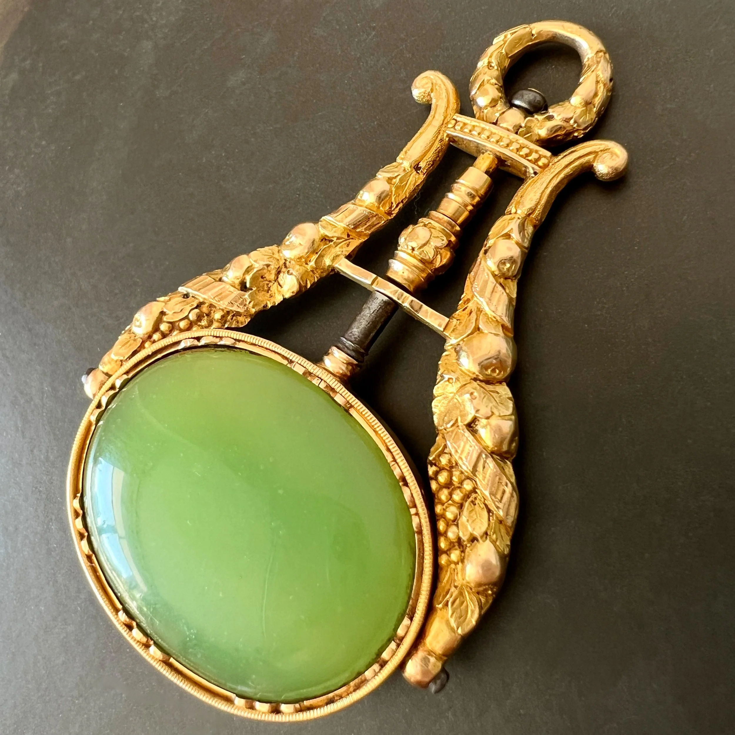 Antique French Gold Reversible Cornucopia Watch Key Pendant with Chalcedony and Green Paste