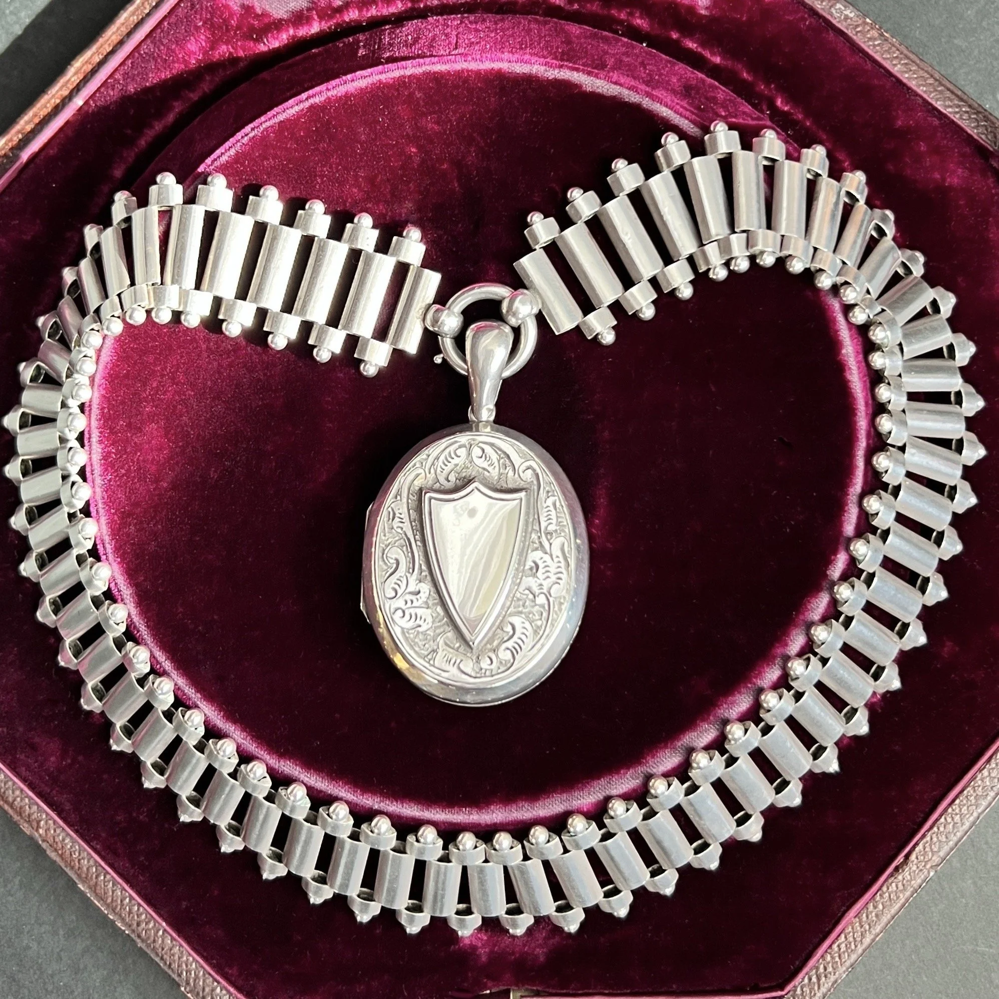 Antique Victorian Silver Shield Locket and Collar Necklace