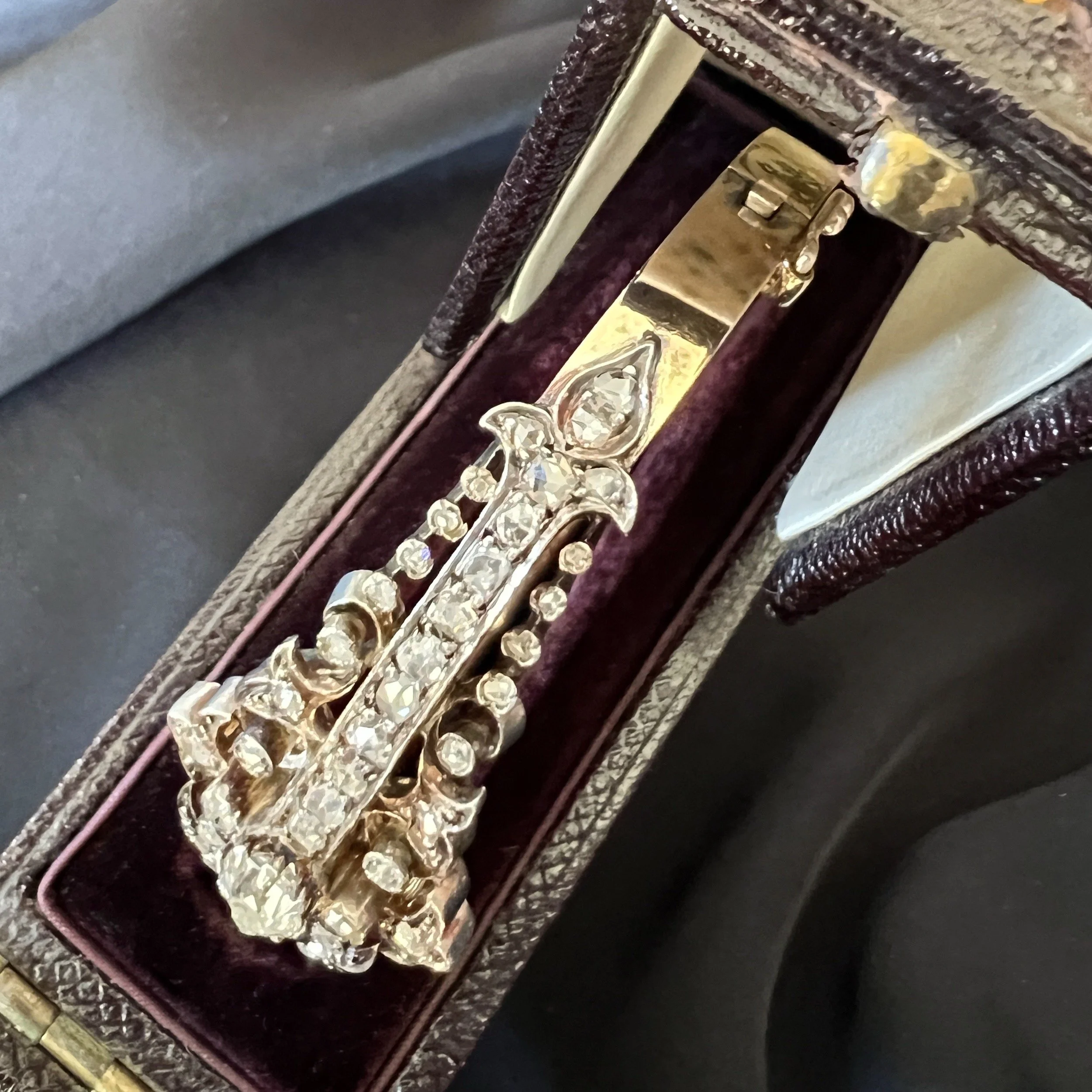 Antique Belle Époque French Diamond Bandeau Bangle with Fleur-de-Lis Flourishes