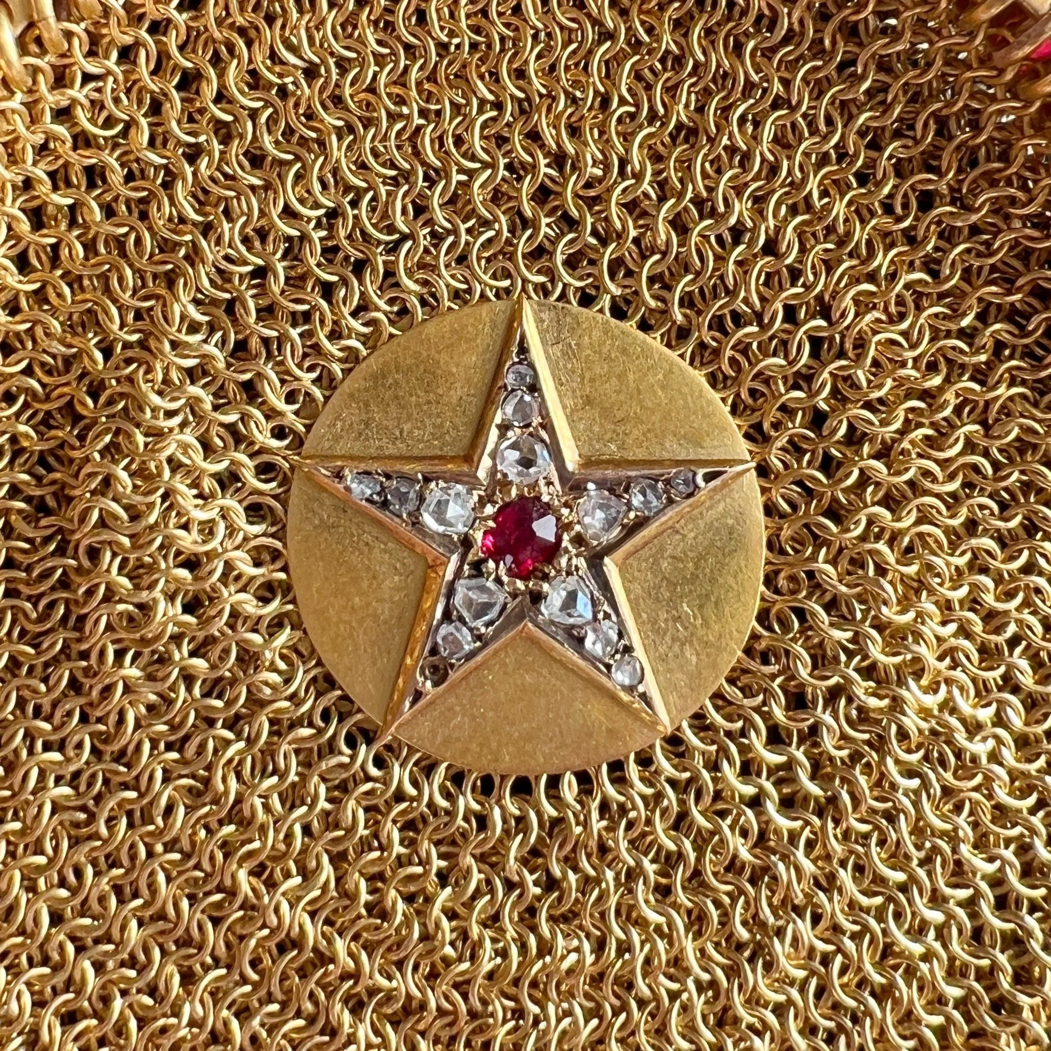 Antique French Gold Mesh Purse Pendant with Ruby and Diamond Star, Pearl Accents -- Star Detail.jpeg