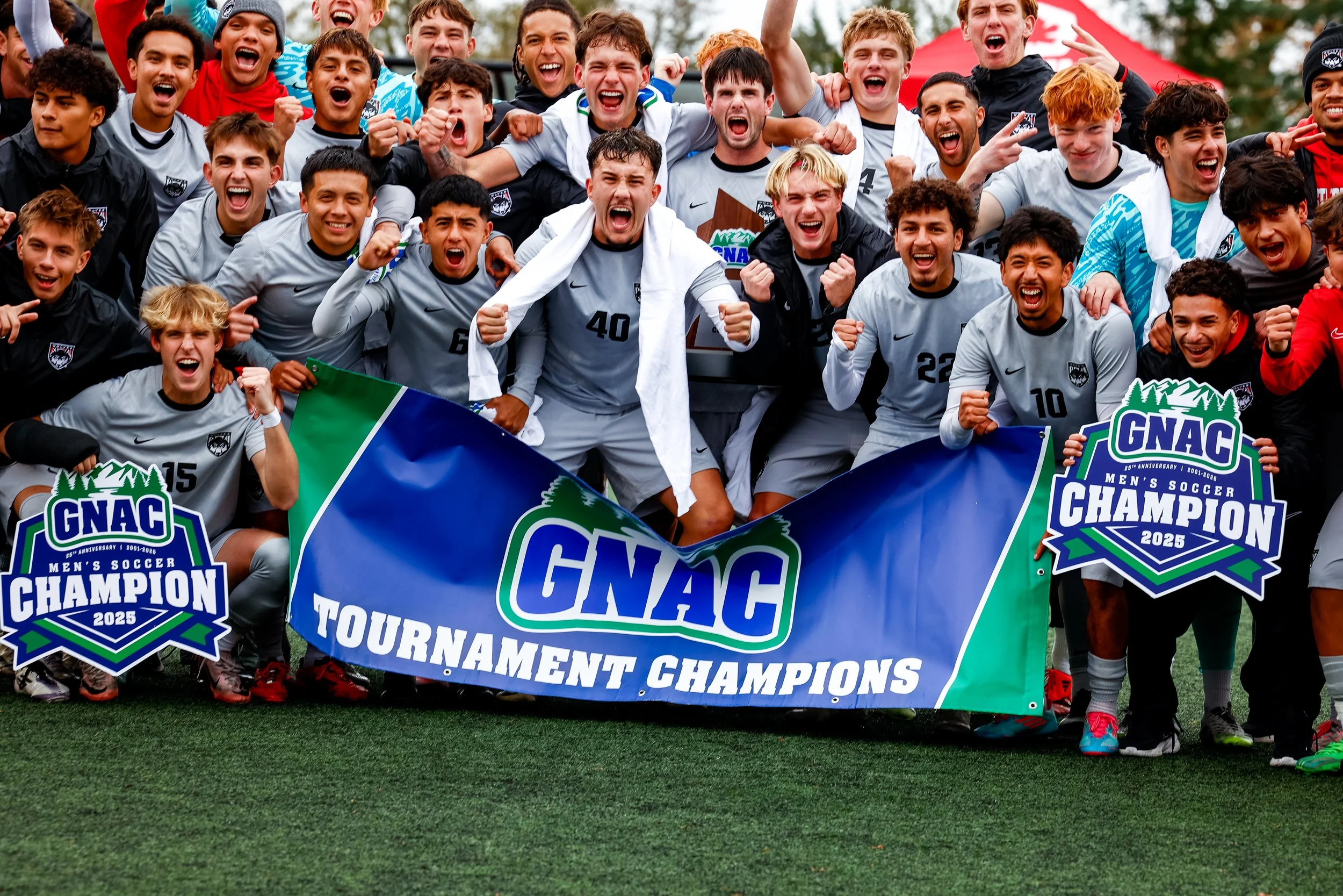 Western Oregon University celebrating 2025 GNAC Men’s Soccer Championship win.
