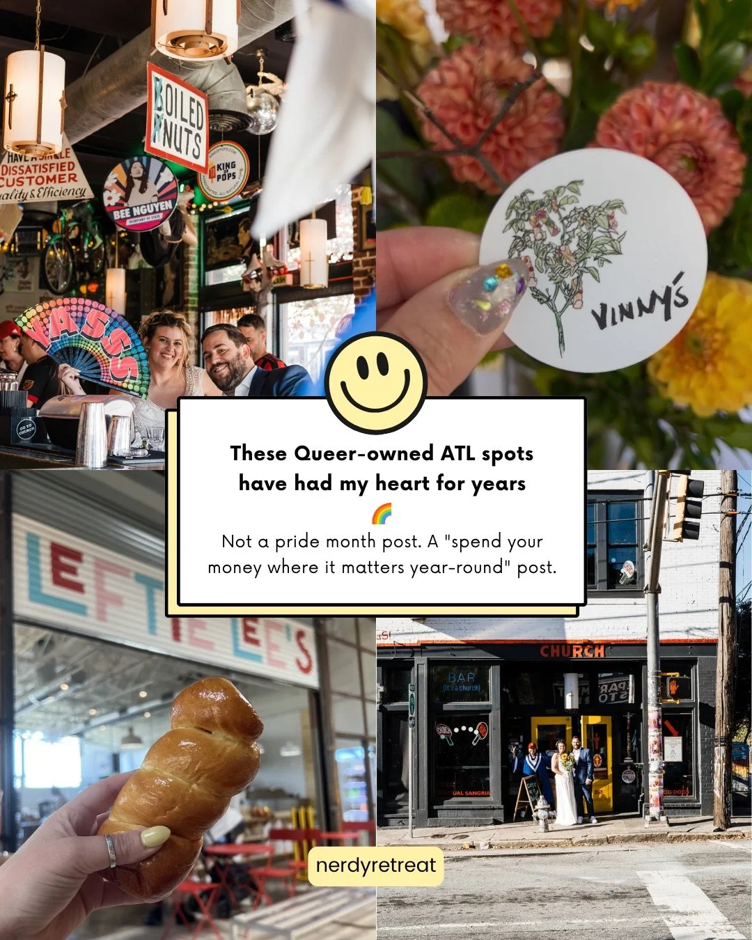 Supporting Queer-owned businesses isn&rsquo;t a JUNE thing &mdash; it&rsquo;s a year-round thing. 🌈

Swipe for my genuinely-loved ATL spots, then drop PRIDE &amp; I&rsquo;ll send you the full list.

(Part 2 coming)
📍Bookmark this so you don&rsquo;t