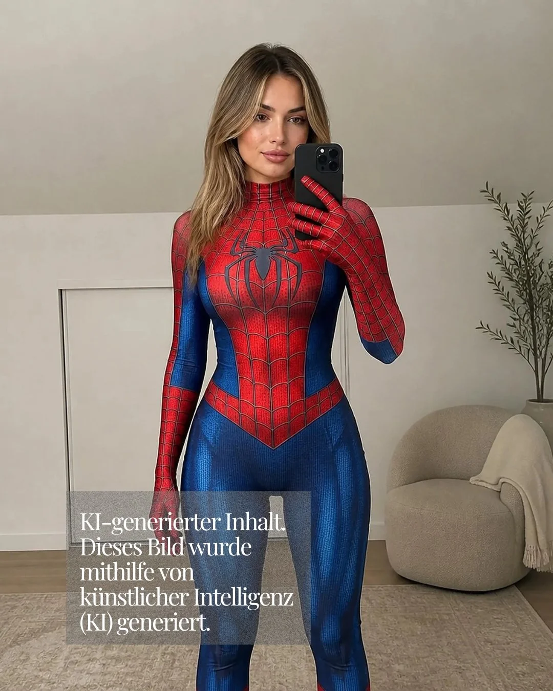 Frau in einem figurbetonten Spider-Man-Kostüm. Sie hält ihr Smartphone in der Hand, im Hintergrund sieht man einen beigen Sessel und eine Pflanze. Ein eingeblendeter Text weist auf den KI-Ursprung des Bildes hin.