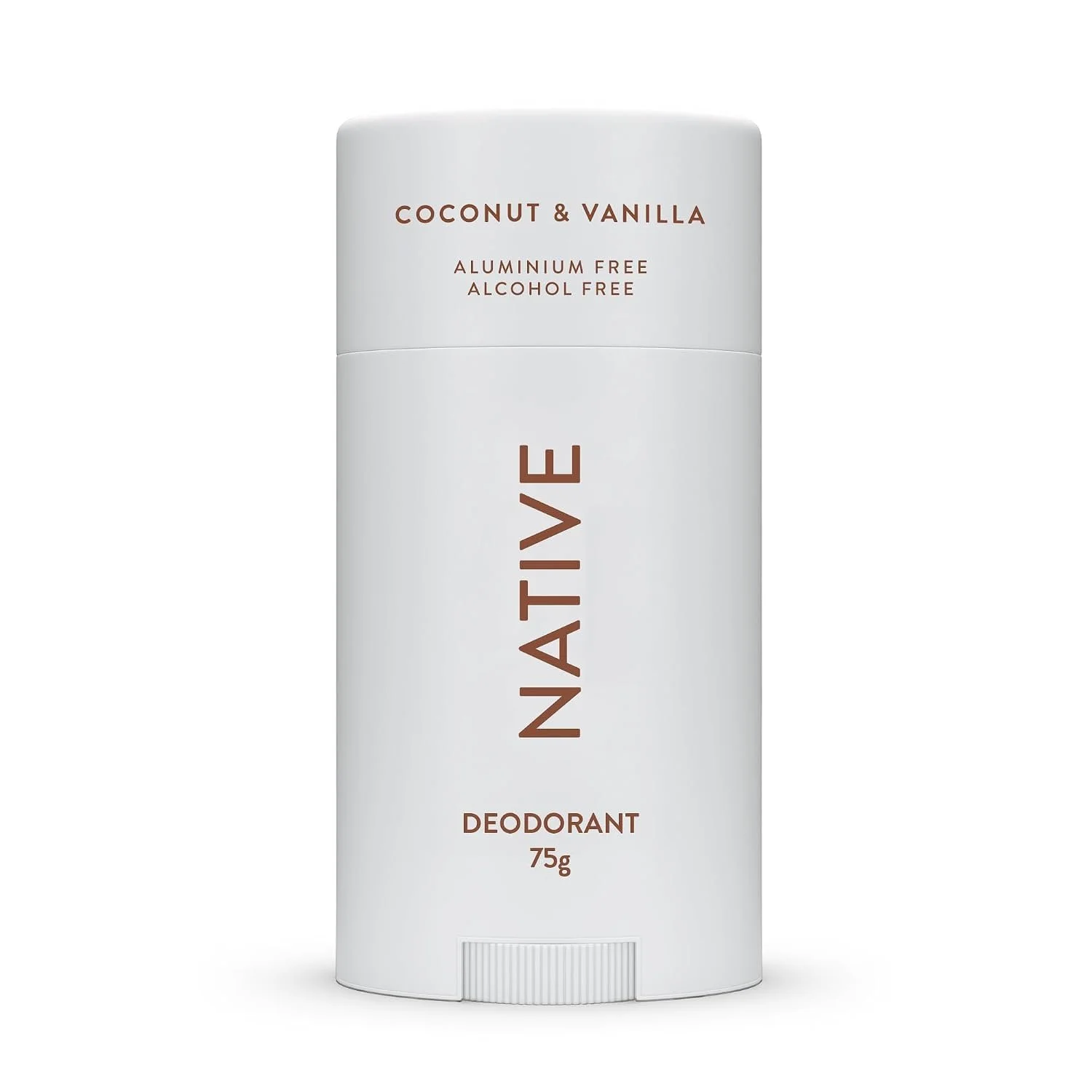 Weißer Deo-Stick von Native mit der Aufschrift „Coconut & Vanilla" sowie den Hinweisen „Aluminium free" und „Alcohol free".