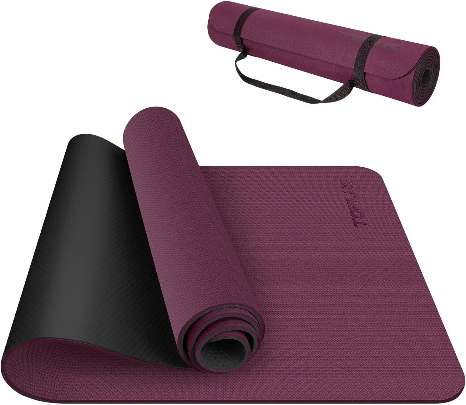 Dunkelviolette Yogamatte von TOPLUS mit schwarzer Unterseite. Sie ist im Vordergrund teilweise ausgerollt und hinten komplett zusammengerollt mit schwarzem Tragegurt abgebildet.