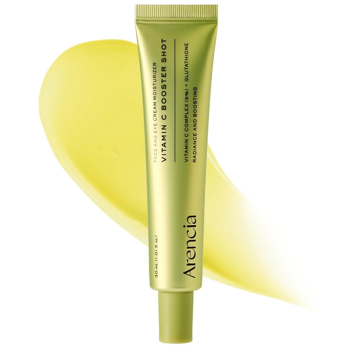 Hellgrüne Tube des Arencia Vitamin C Booster Shots vor einem gelben Gel-Swatch.